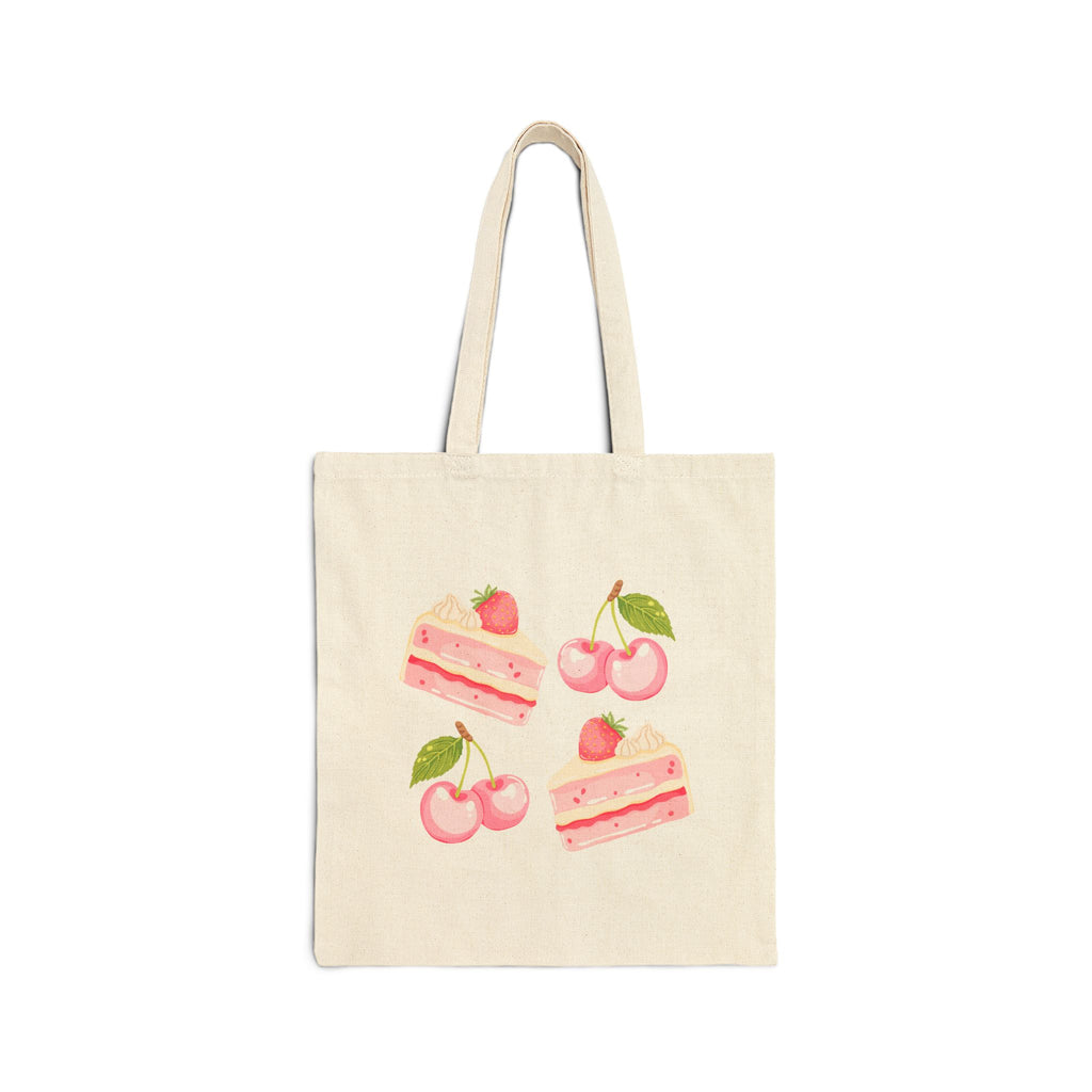 Strawberry Cherry Cake Canvas Tote Bag — Cute Dessert Grocery Tote