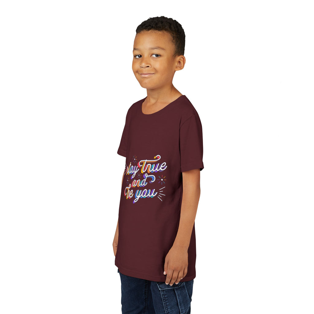 Youth Tee — "Stay True and Be You" Rainbow Script Kids T-Shirt