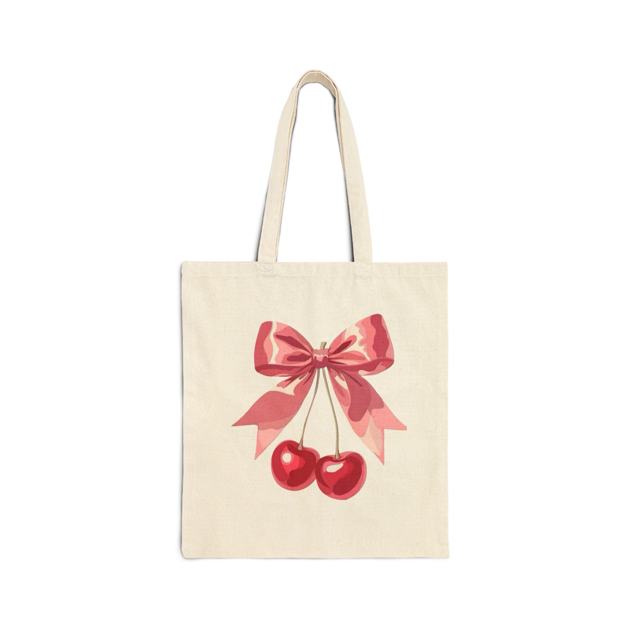 Cherry Bow Canvas Tote Bag — Cute Retro Fruit Shoulder Tote