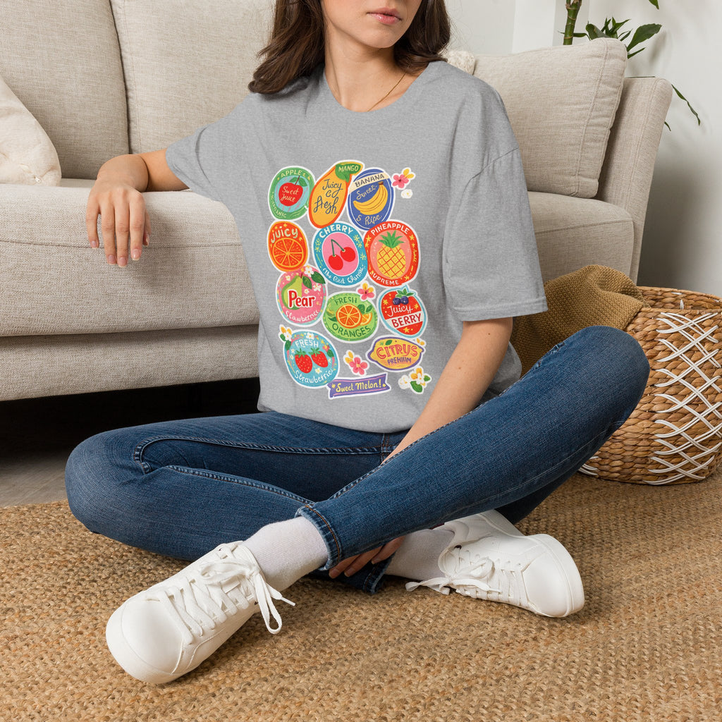 Fruit Label Graphic T-Shirt — Vintage Tropical Citrus Badges Tee