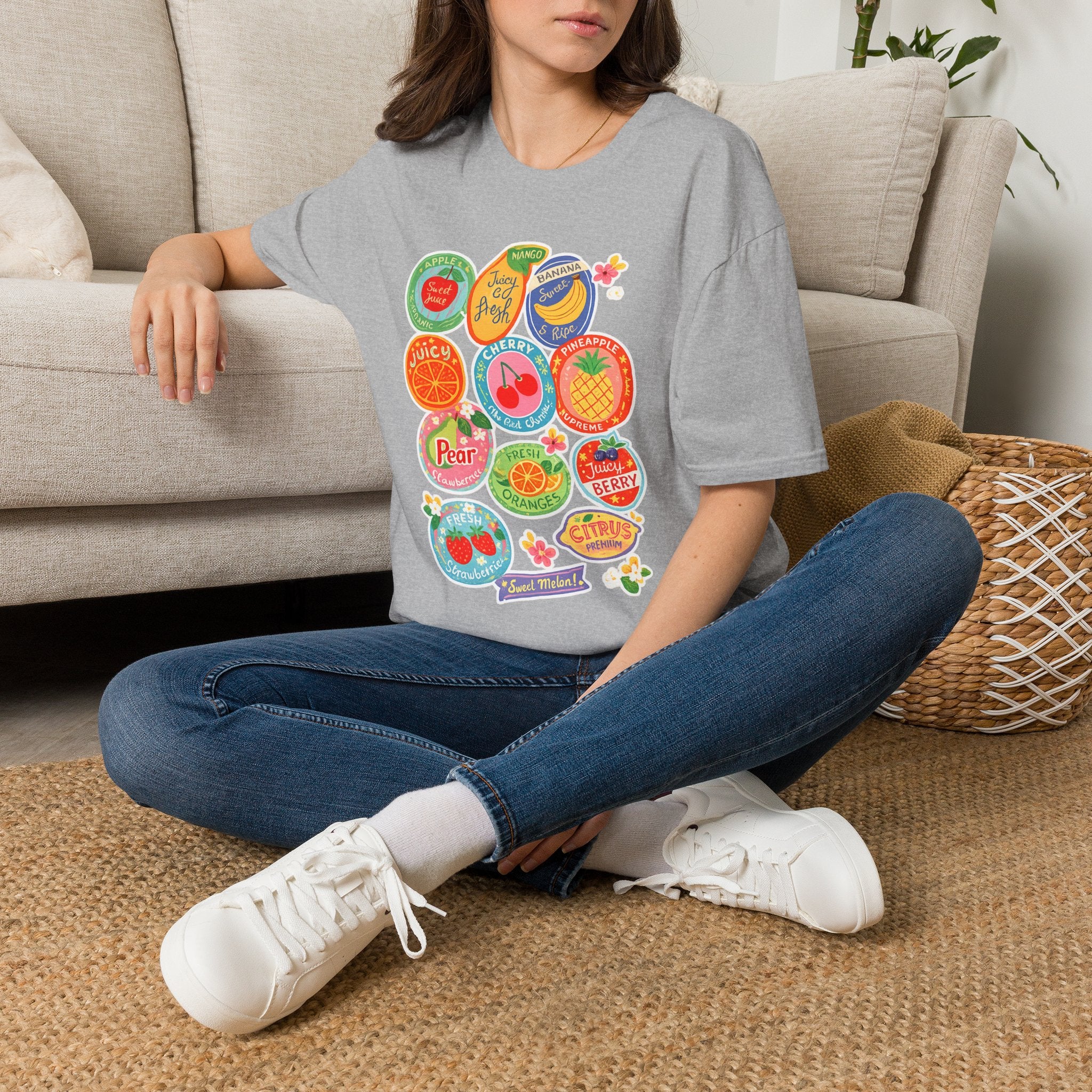 Fruit Label Graphic T-Shirt — Vintage Tropical Citrus Badges Tee