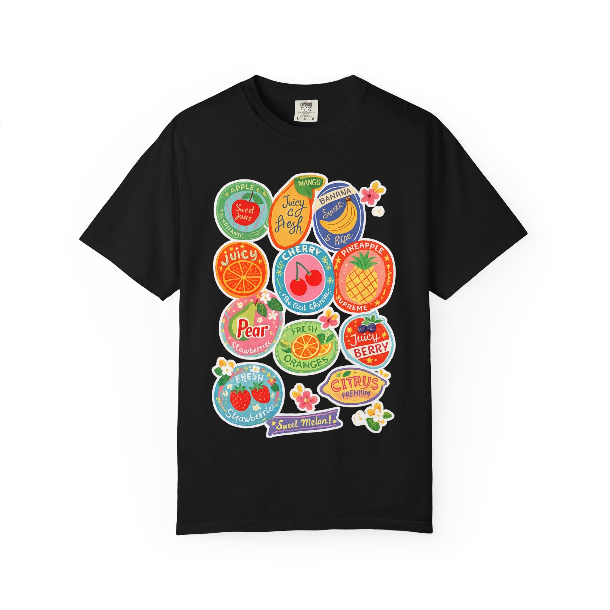 Fruit Sticker Patch T-Shirt — Juicy Retro Labels Graphic Tee