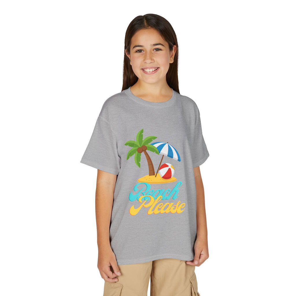 Youth Beach Please T-Shirt — Kids Summer Palm Tree & Umbrella Tee