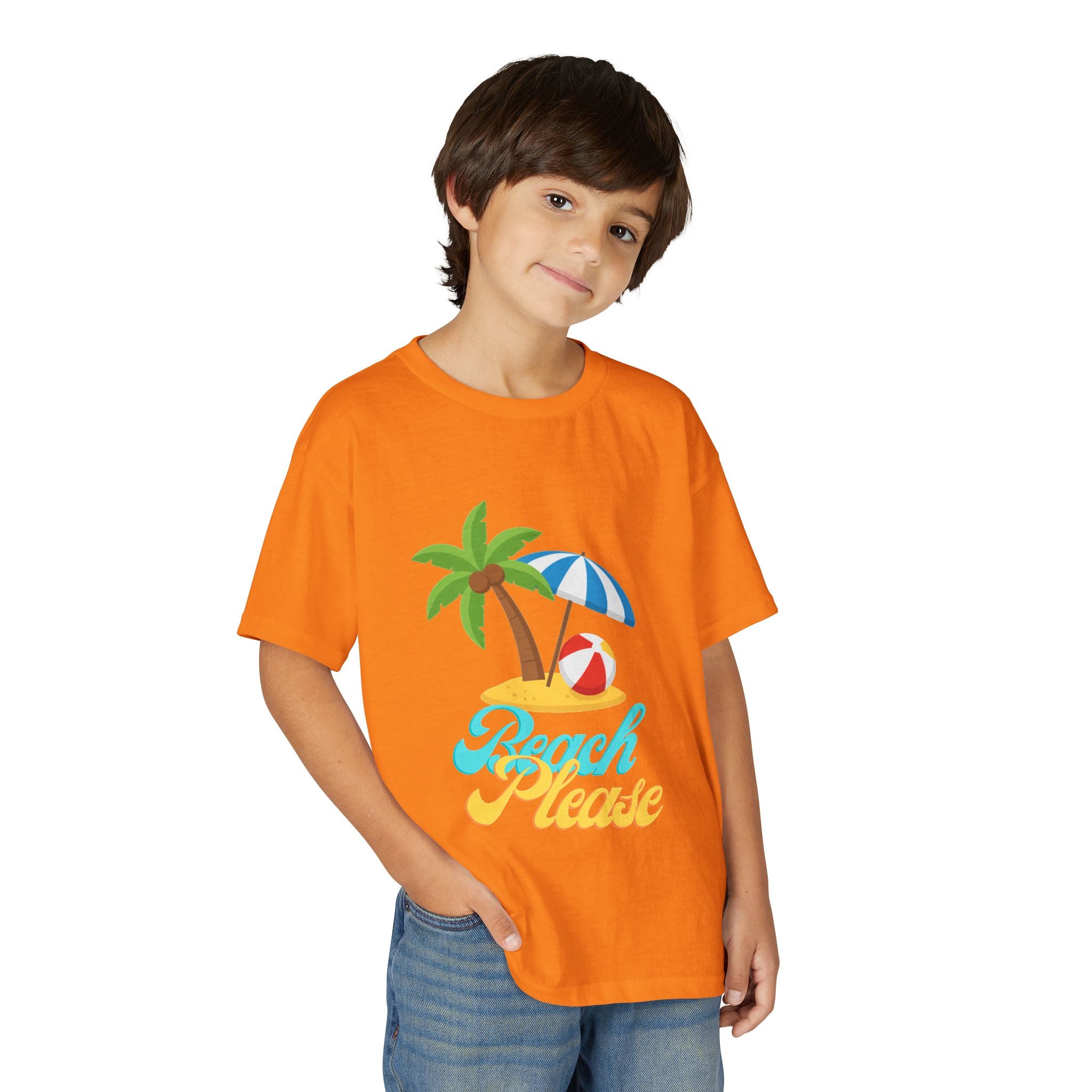 Youth Beach Please T-Shirt — Kids Summer Palm Tree & Umbrella Tee