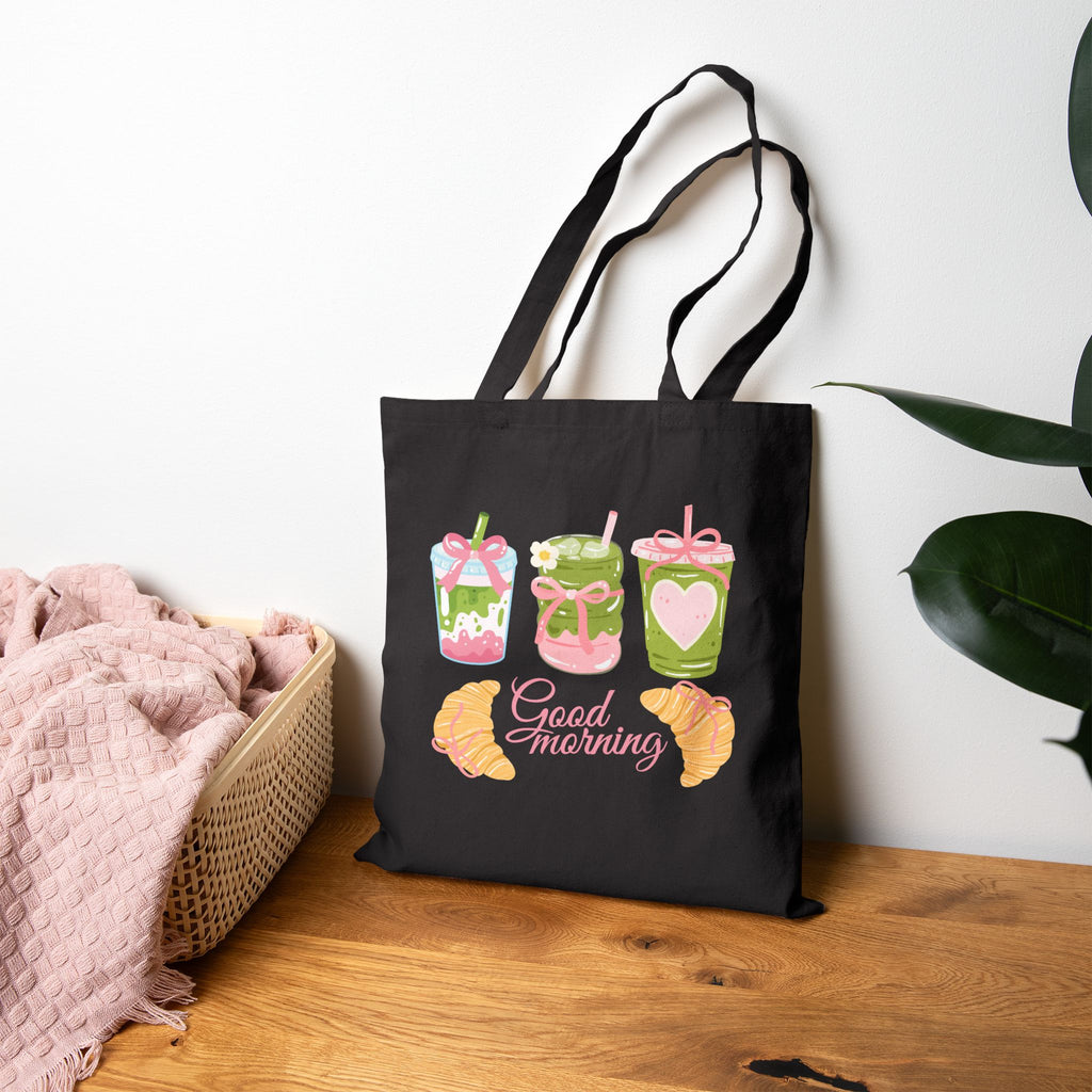 Strawberry and Matcha Pasteries Tote Bag — 'Good Morning' Breakfast Illustration Canvas Tote