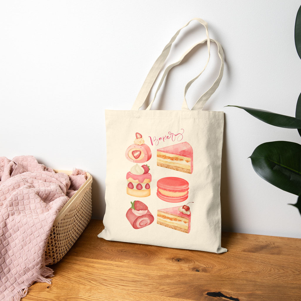 Strawberry Pastel Desserts Canvas Tote — Cute Pink Cakes & Macarons