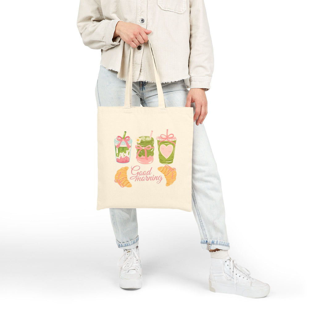 Strawberry and Matcha Pasteries Tote Bag — 'Good Morning' Breakfast Illustration Canvas Tote