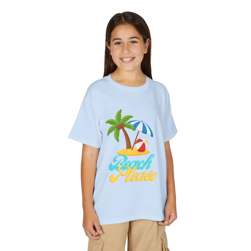 Youth Beach Please T-Shirt — Kids Summer Palm Tree & Umbrella Tee