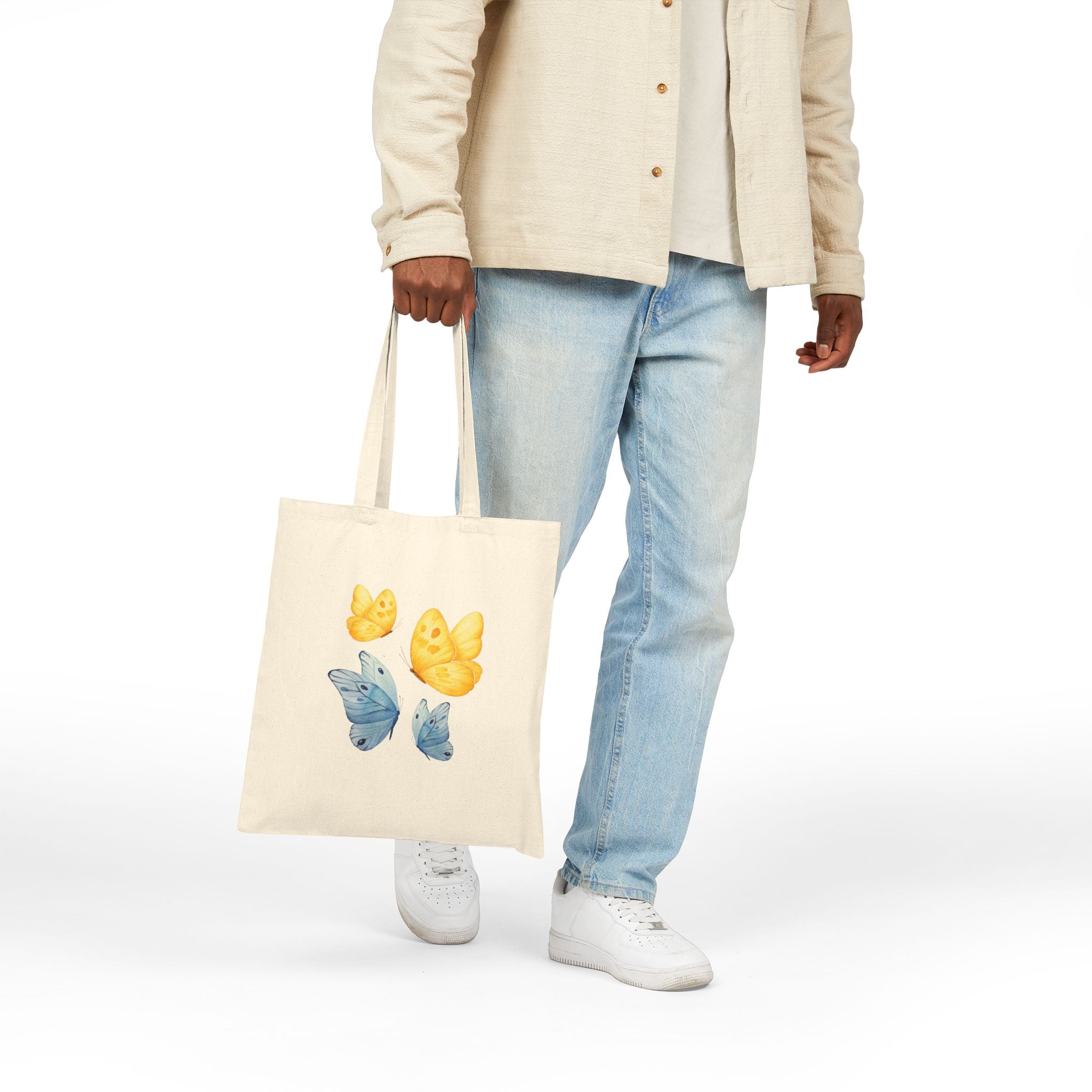 Butterfly Watercolor Tote Bag — Yellow & Blue Canvas Shopper