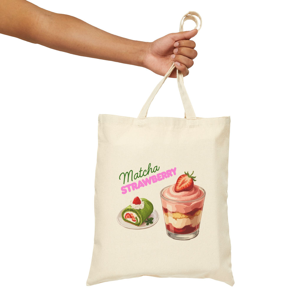Matcha & Strawberry Desert Printed Tote Bag — Cute Delicious Desserts Printed Canvas Shopper