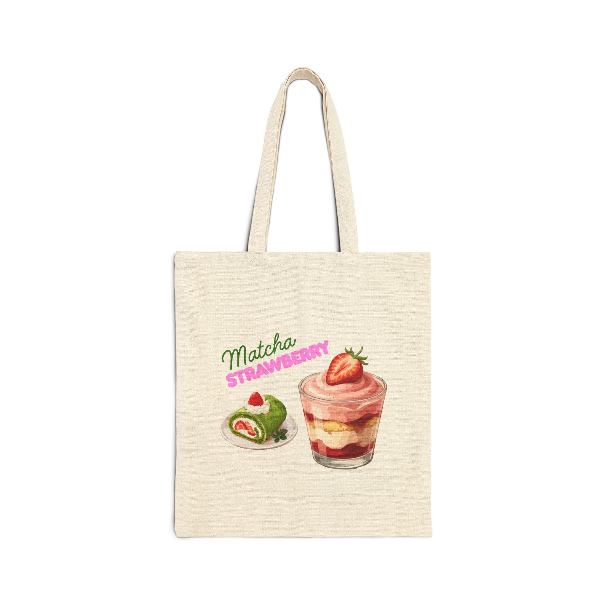 Matcha & Strawberry Desert Printed Tote Bag — Cute Delicious Desserts Printed Canvas Shopper