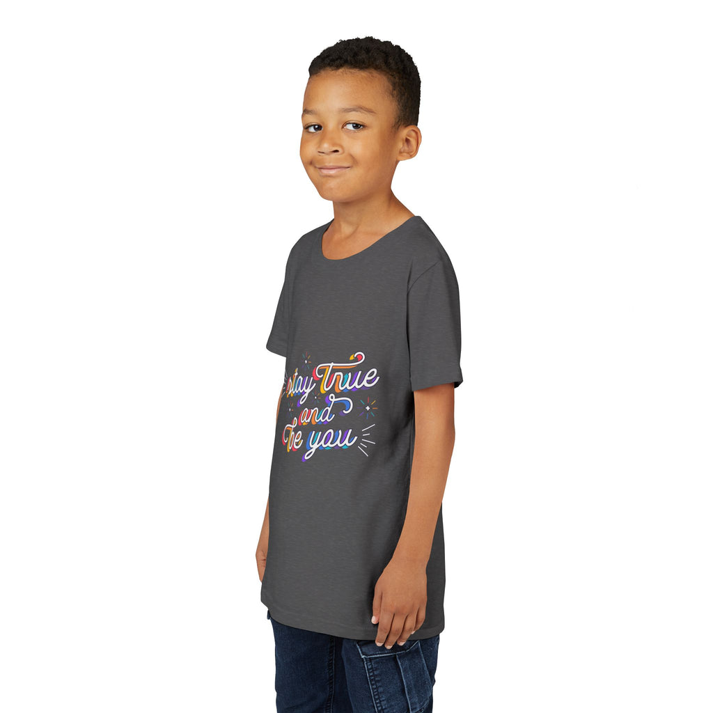 Youth Tee — "Stay True and Be You" Rainbow Script Kids T-Shirt