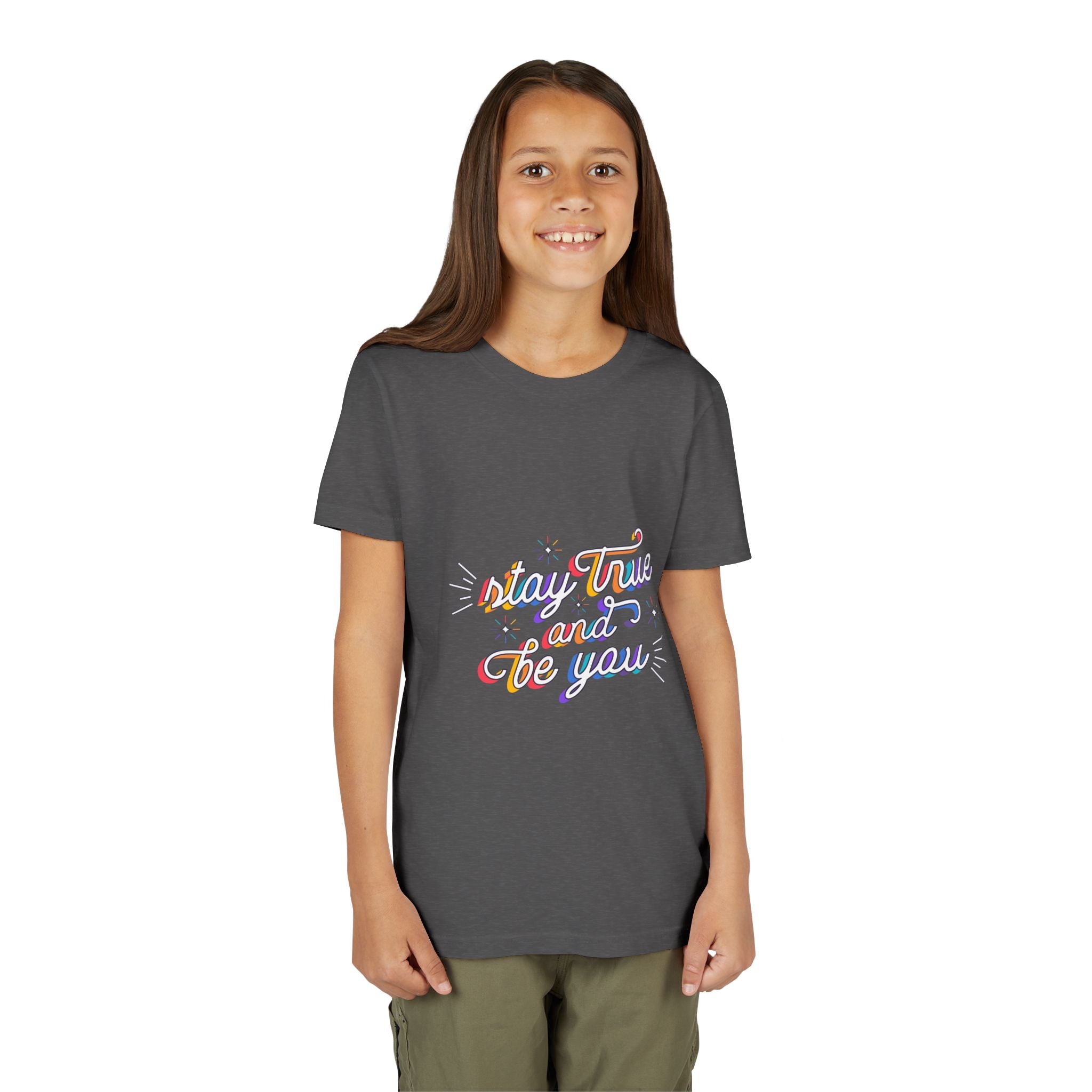 Youth Tee — "Stay True and Be You" Rainbow Script Kids T-Shirt