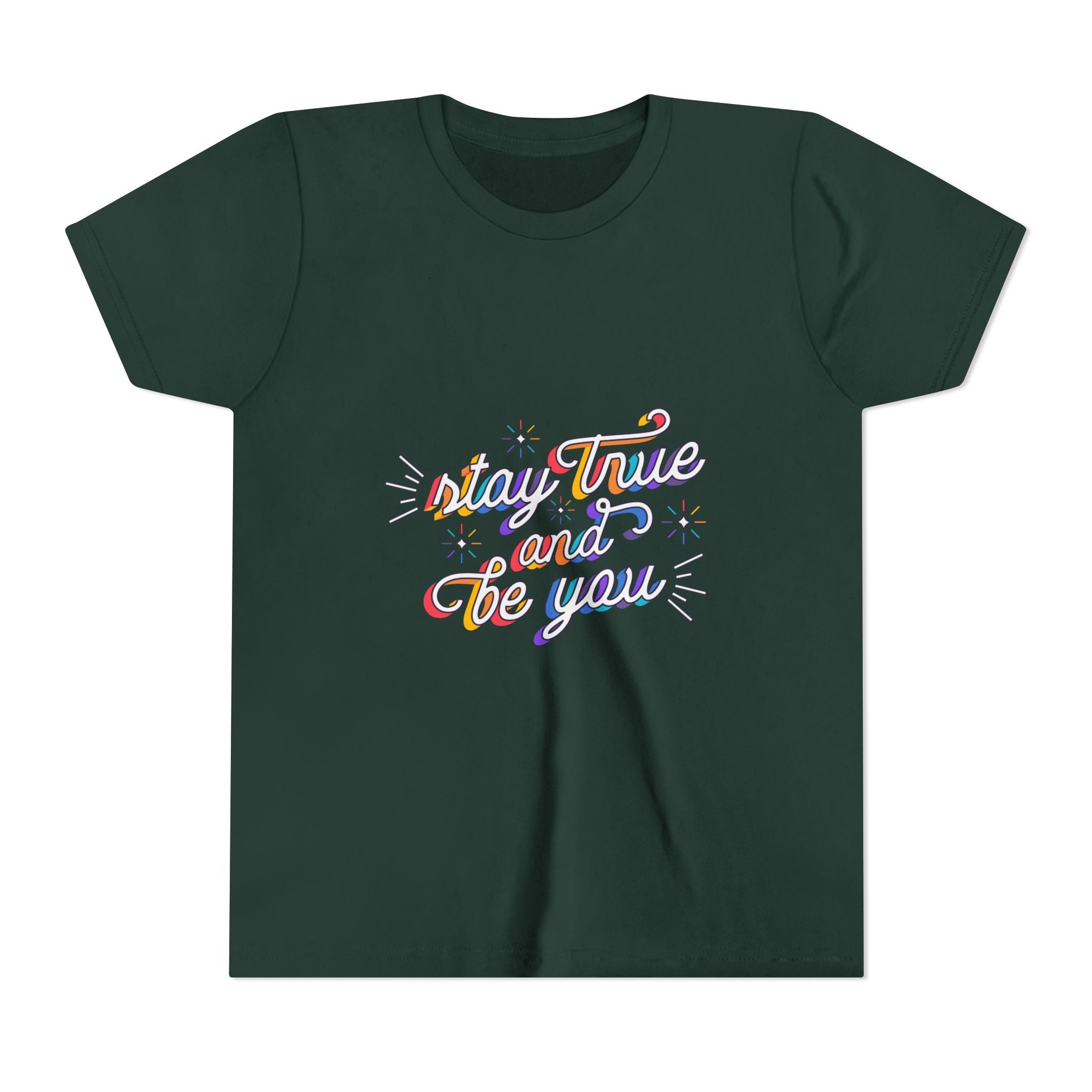 Youth Tee — "Stay True and Be You" Rainbow Script Kids T-Shirt