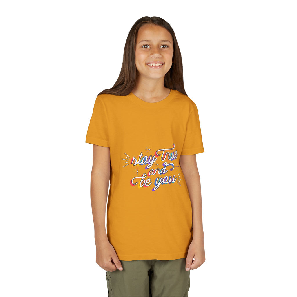 Youth Tee — "Stay True and Be You" Rainbow Script Kids T-Shirt
