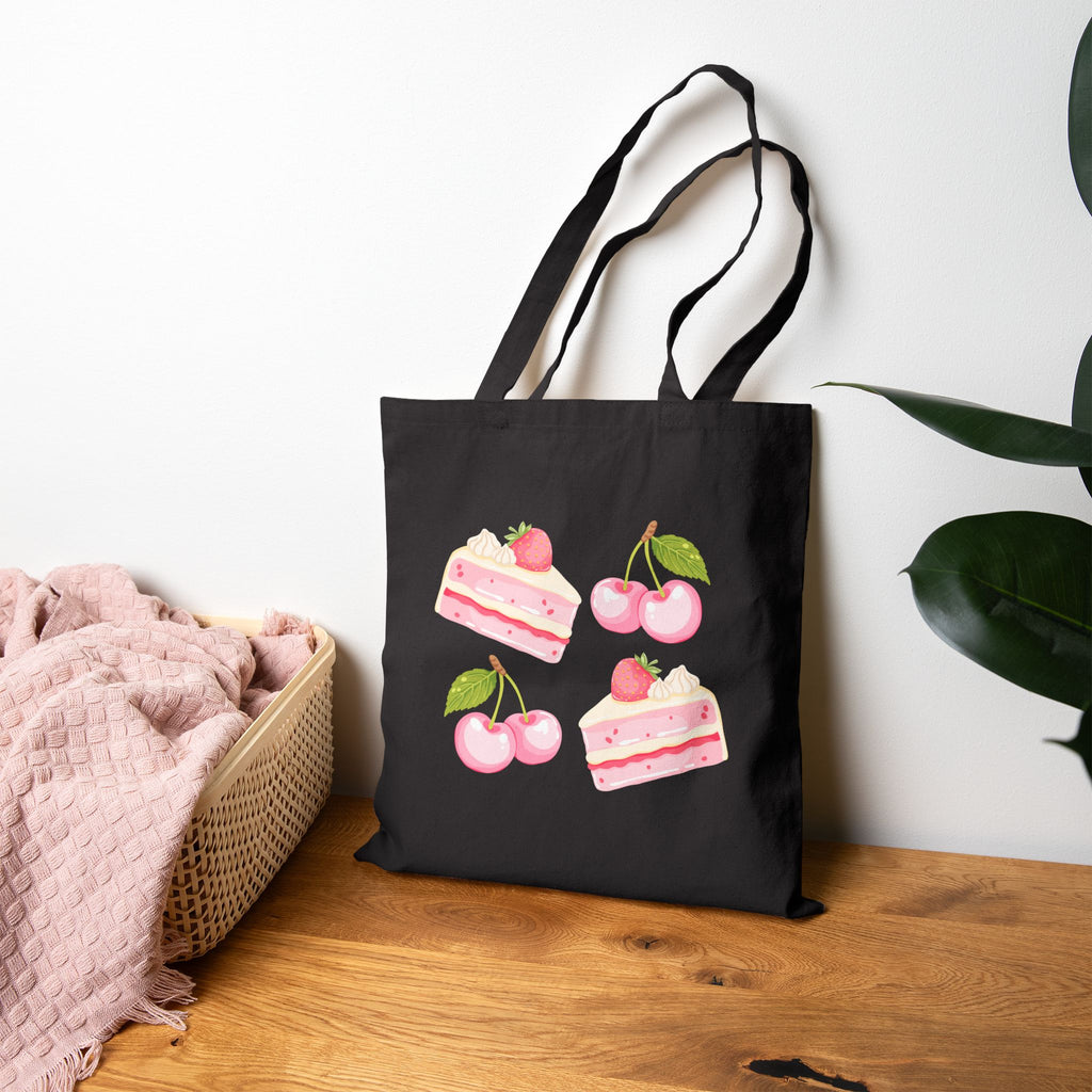 Strawberry Cherry Cake Canvas Tote Bag — Cute Dessert Grocery Tote