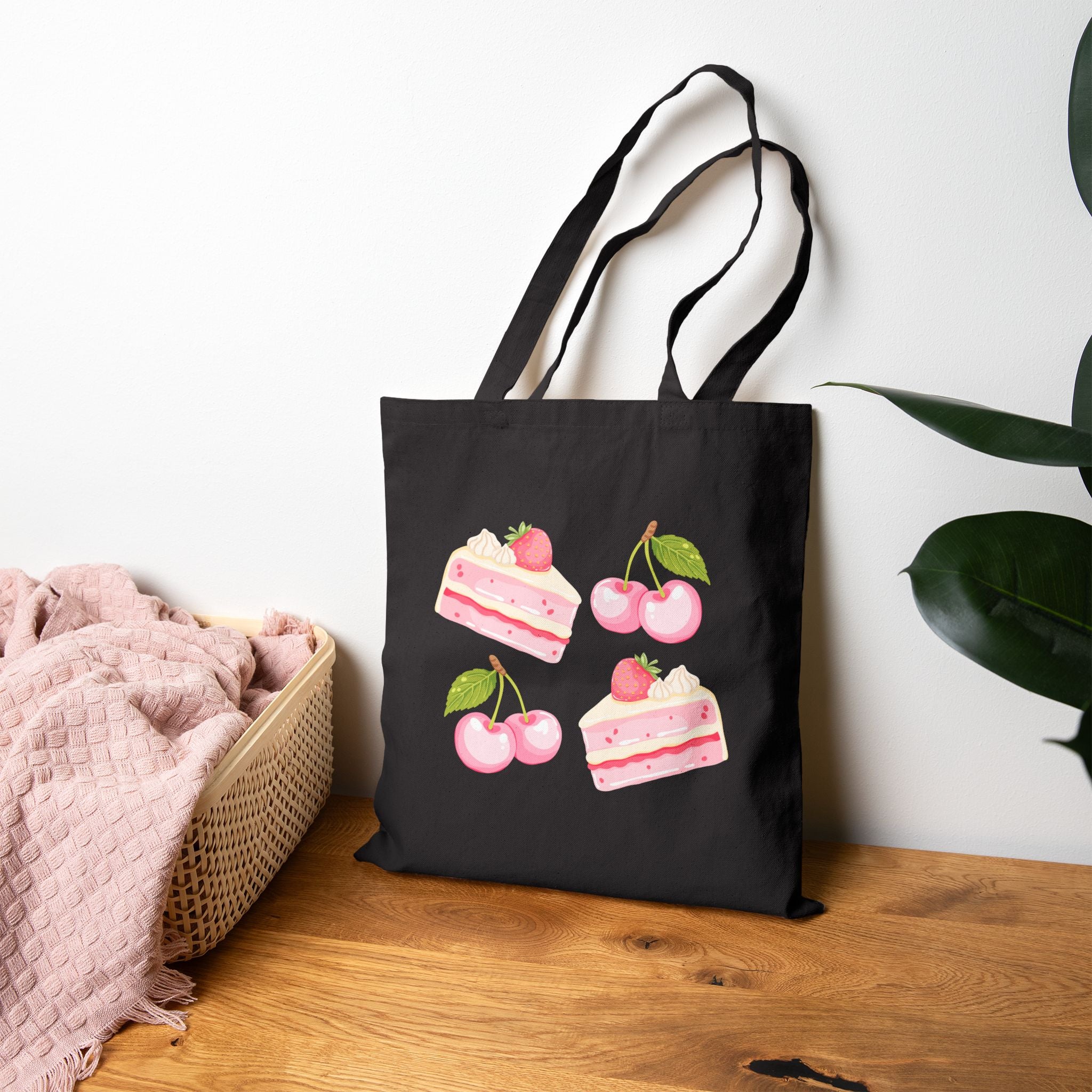Strawberry Cherry Cake Canvas Tote Bag — Cute Dessert Grocery Tote