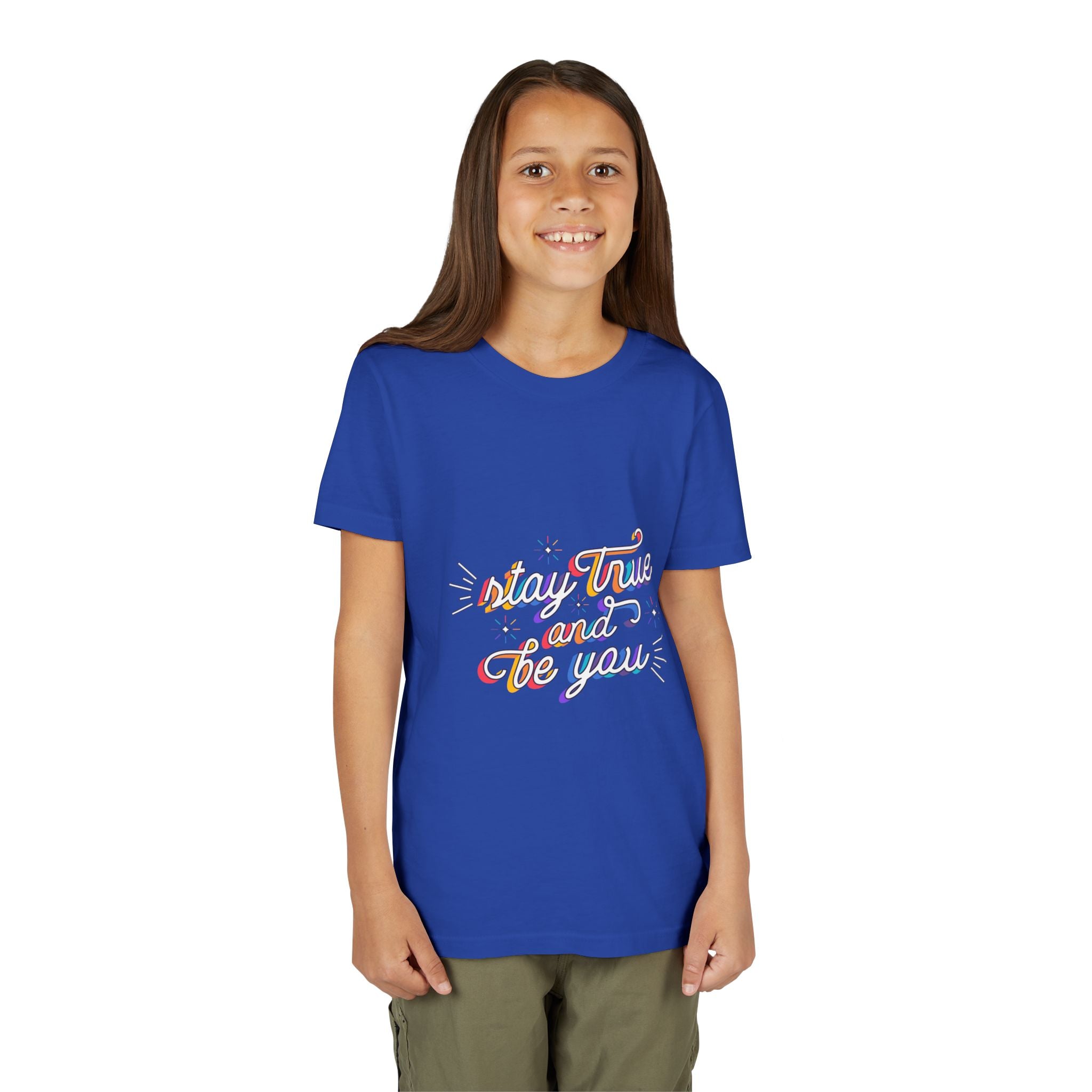 Youth Tee — "Stay True and Be You" Rainbow Script Kids T-Shirt