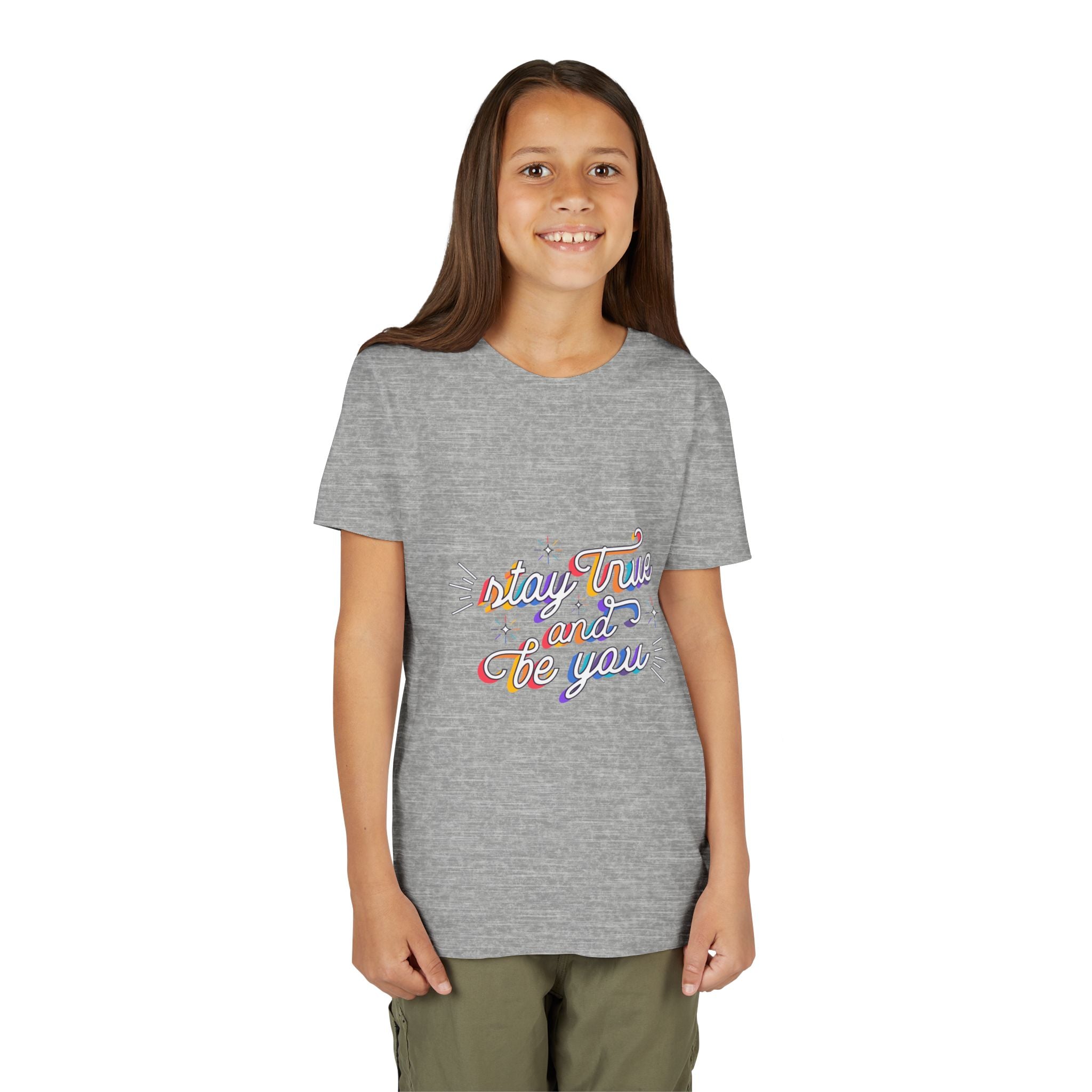 Youth Tee — "Stay True and Be You" Rainbow Script Kids T-Shirt