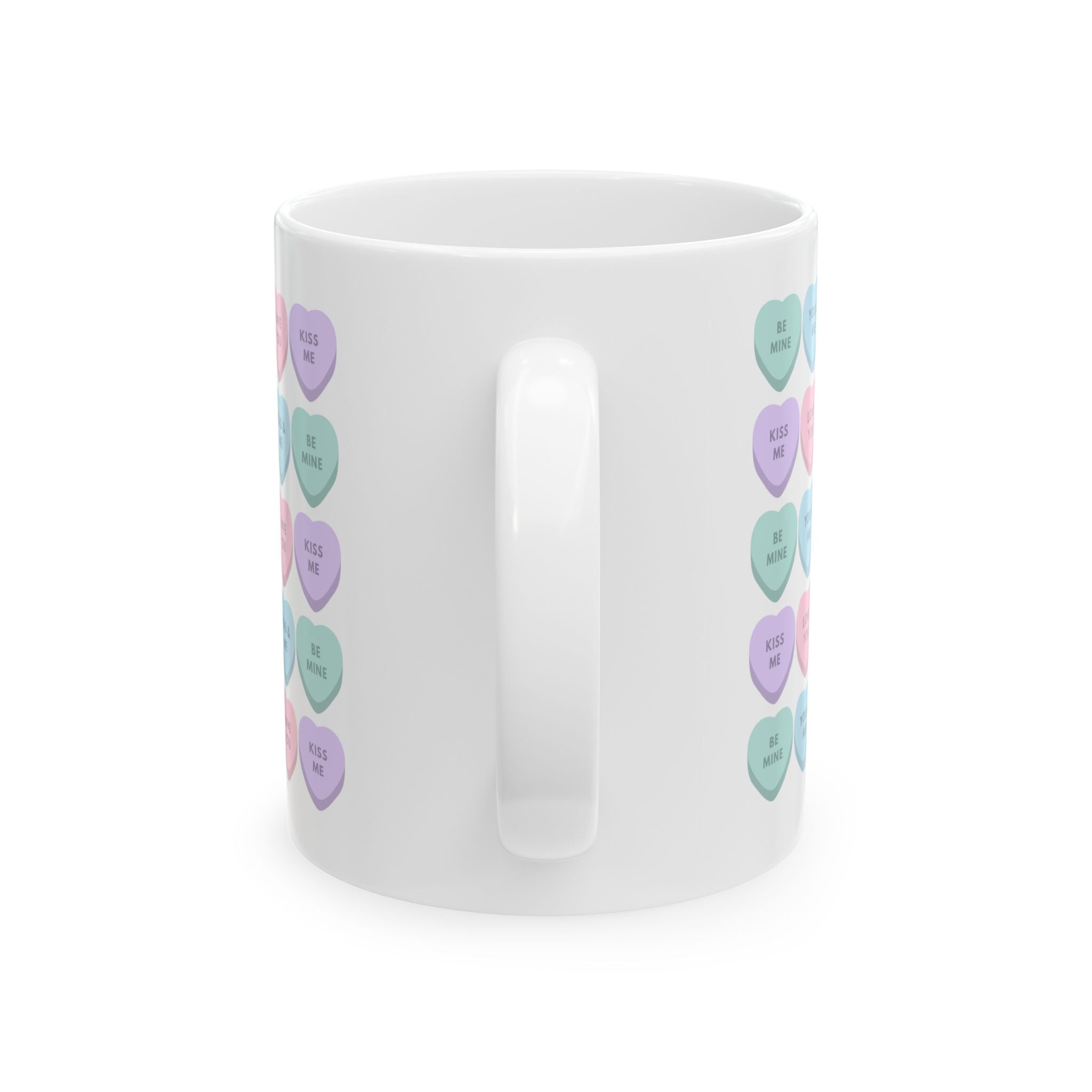 Candy Heart Ceramic Mug — Pastel 'Kiss Me' Conversation Hearts Coffee Cup (11oz & 15oz)