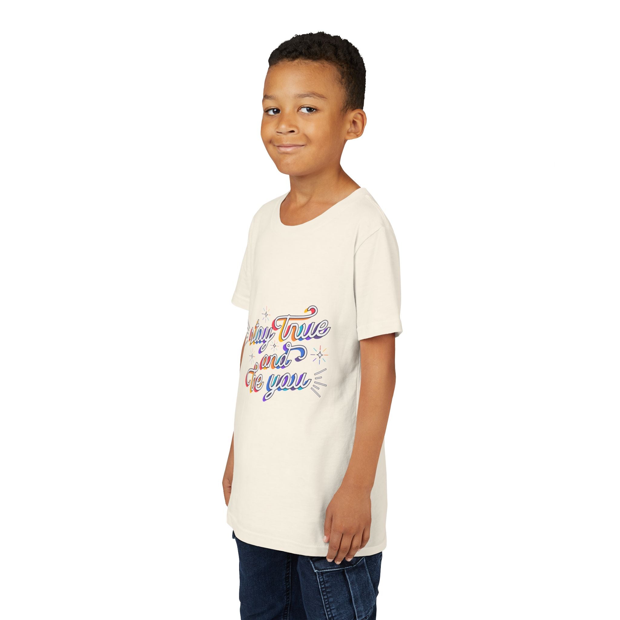 Youth Tee — "Stay True and Be You" Rainbow Script Kids T-Shirt