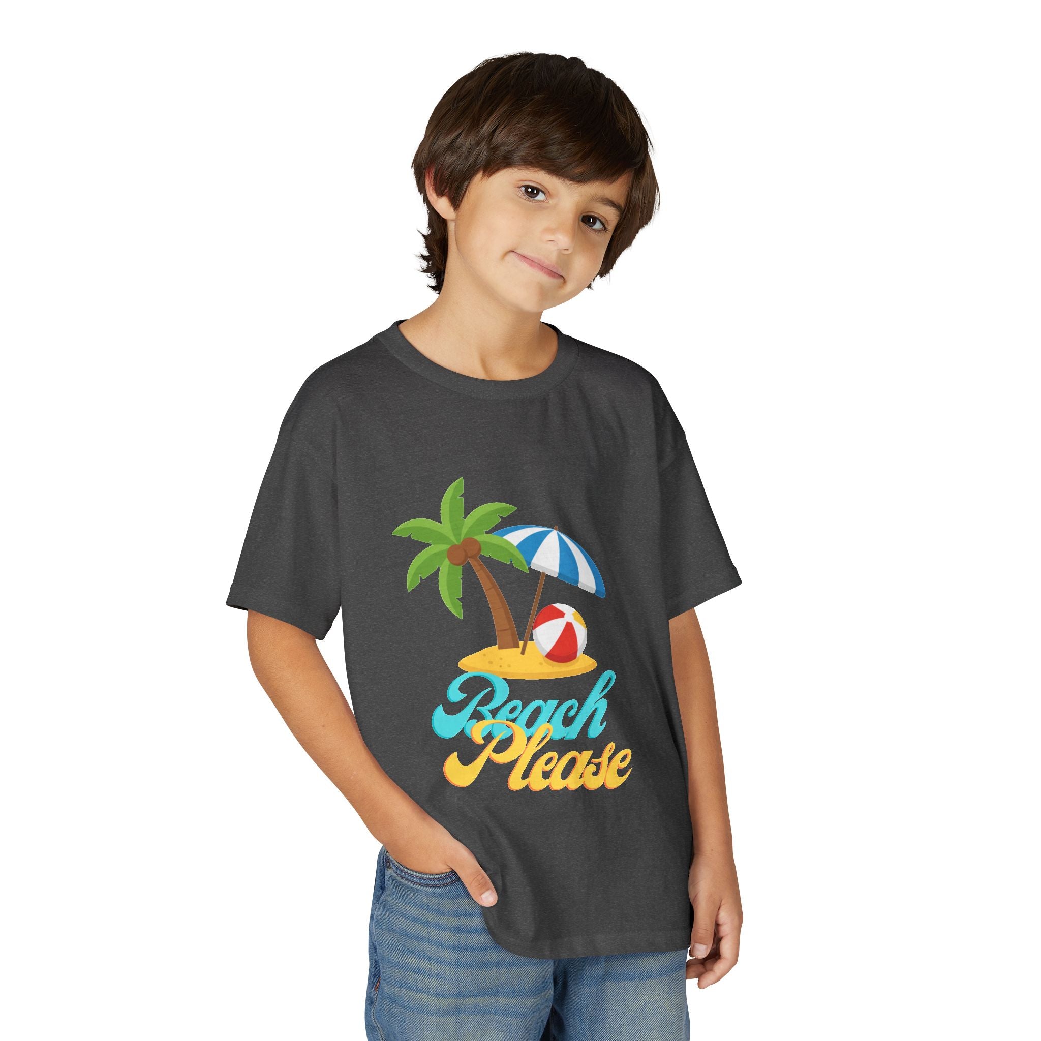 Youth Beach Please T-Shirt — Kids Summer Palm Tree & Umbrella Tee