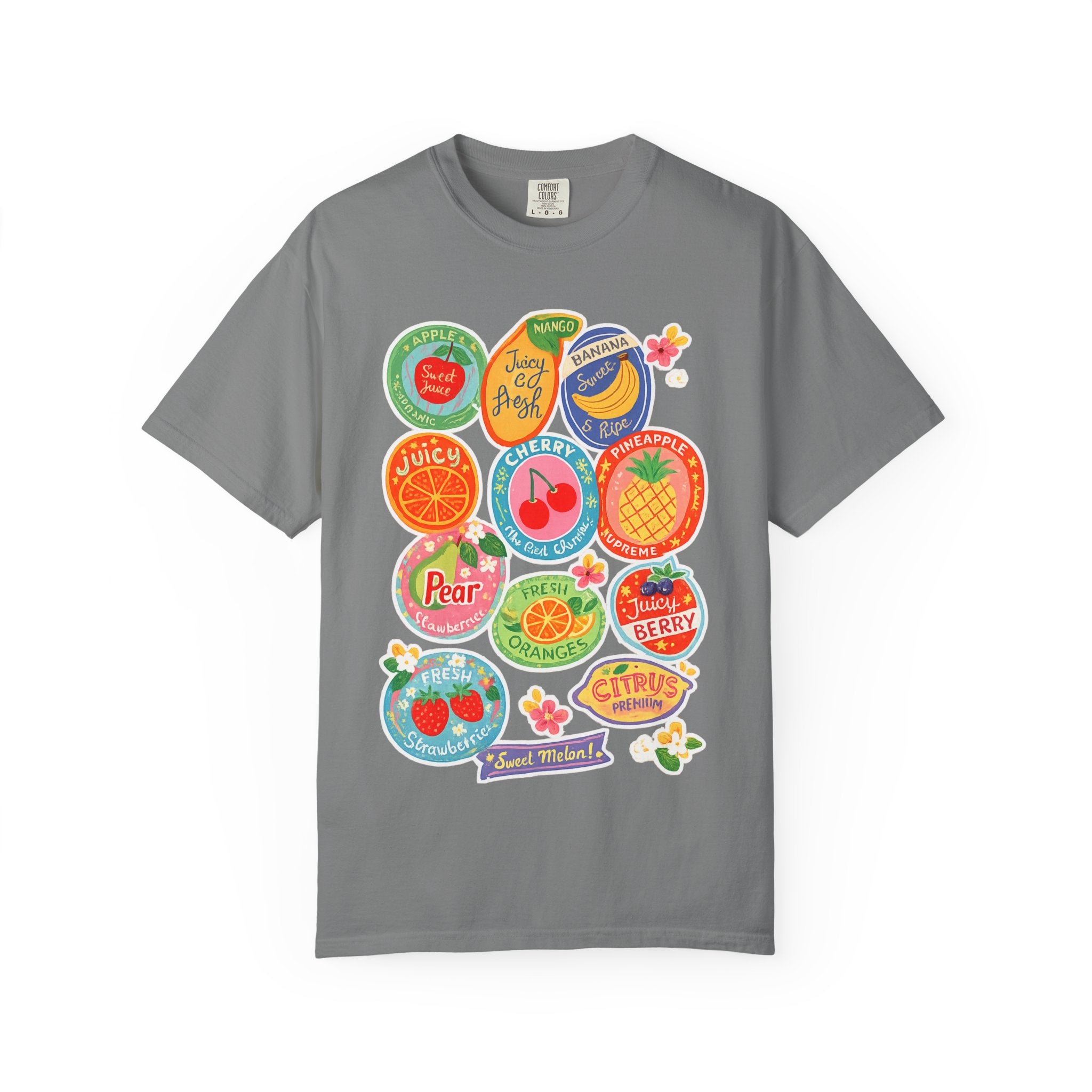Fruit Sticker Patch T-Shirt — Juicy Retro Labels Graphic Tee
