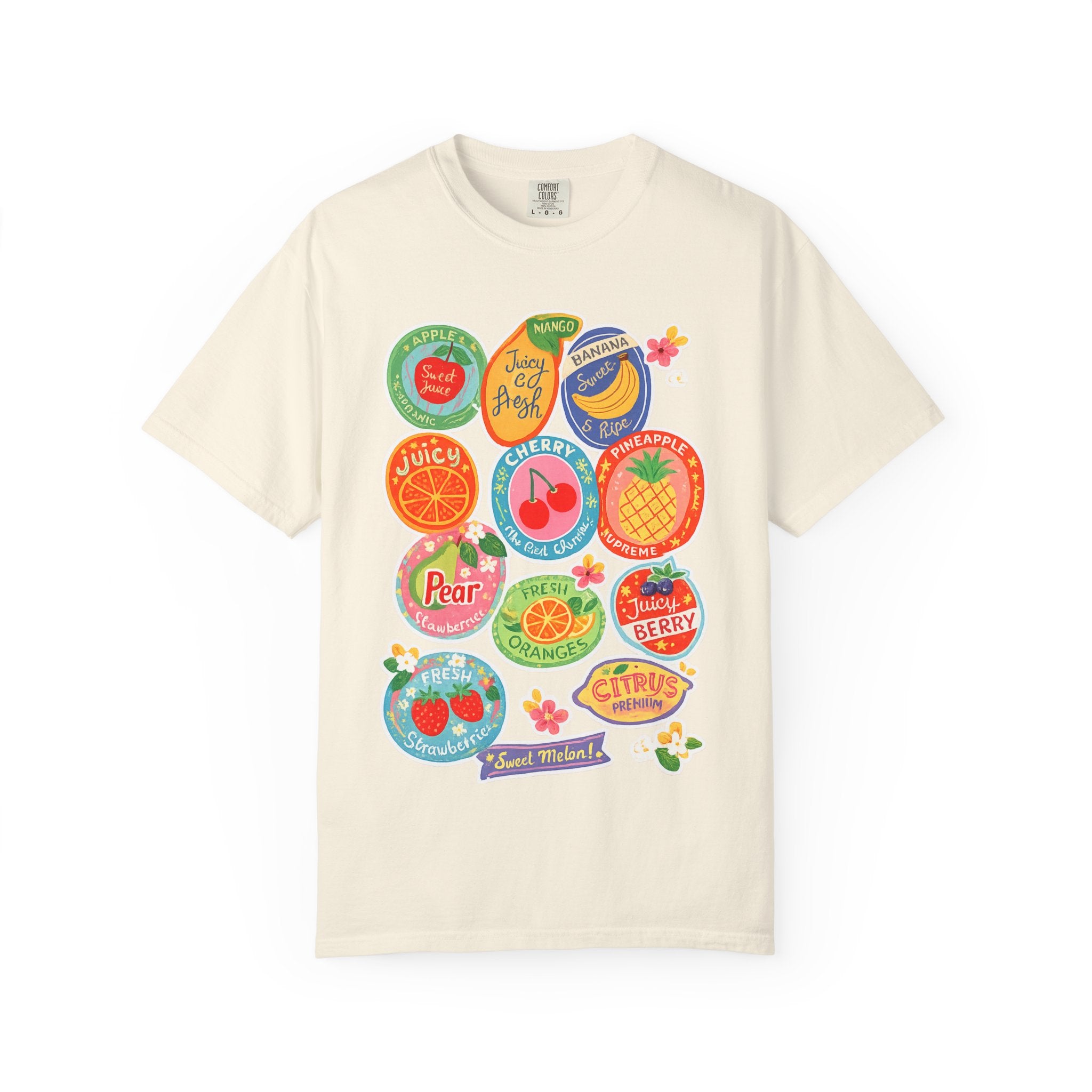 Fruit Sticker Patch T-Shirt — Juicy Retro Labels Graphic Tee