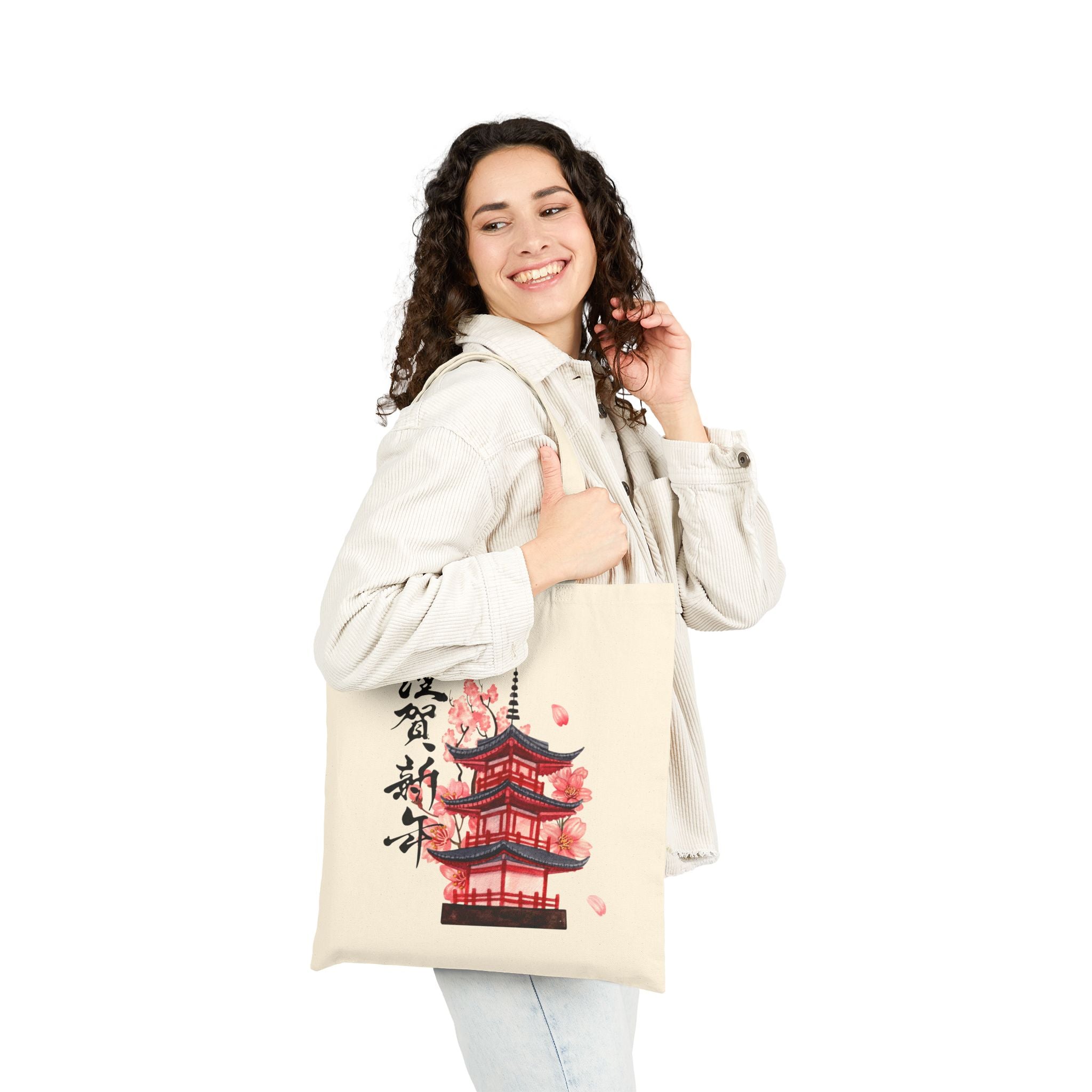 Pagoda Cherry Blossom Tote — Canvas Tote Bag with Japanese Temple Design