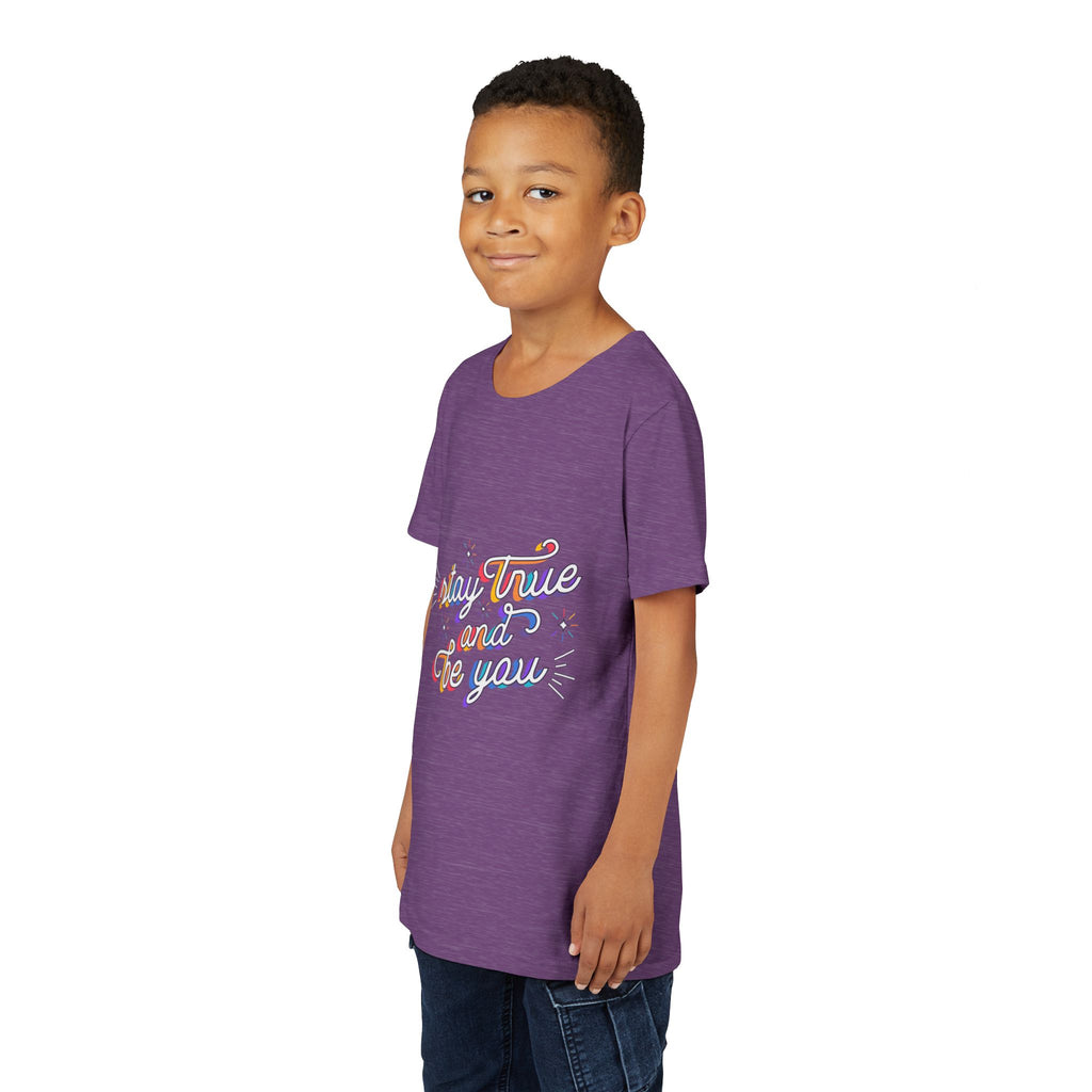 Youth Tee — "Stay True and Be You" Rainbow Script Kids T-Shirt