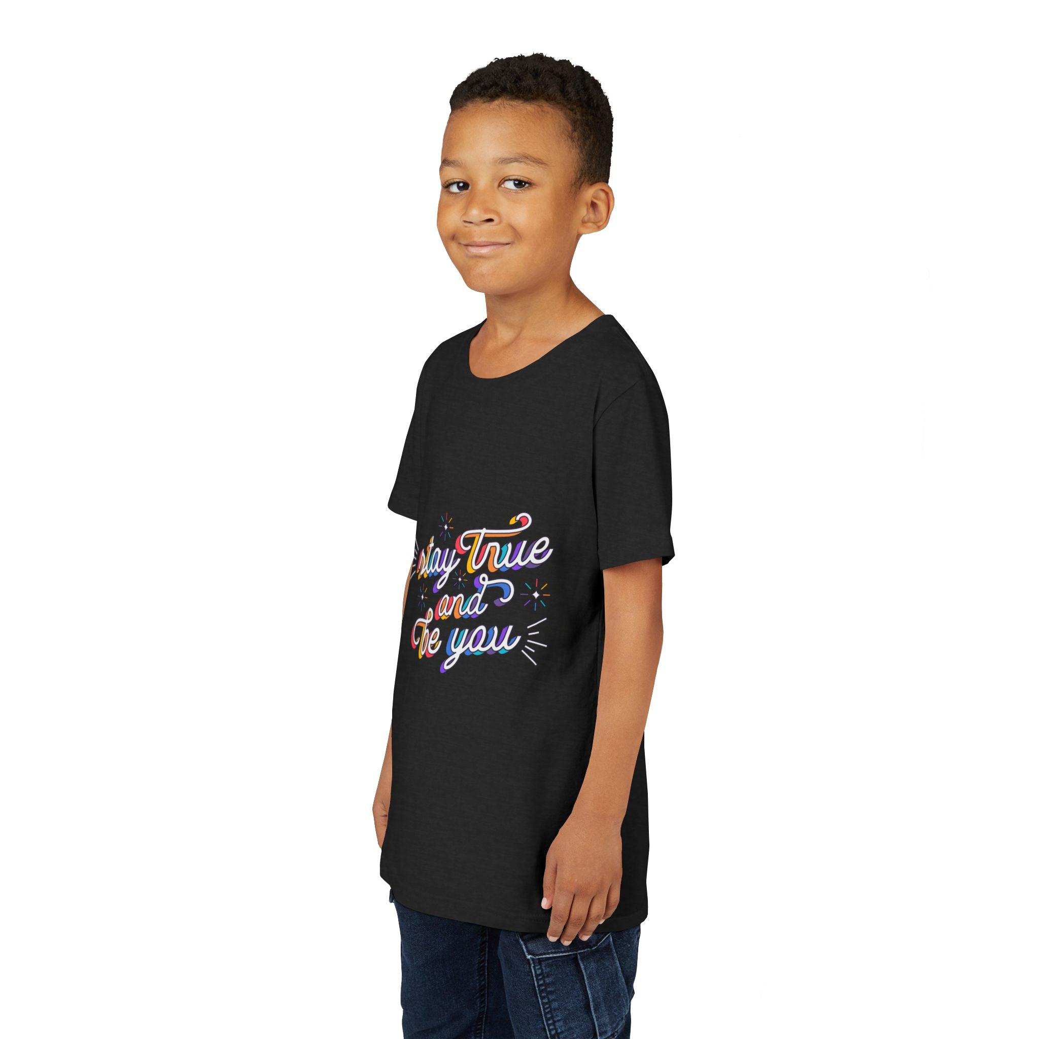 Youth Tee — "Stay True and Be You" Rainbow Script Kids T-Shirt