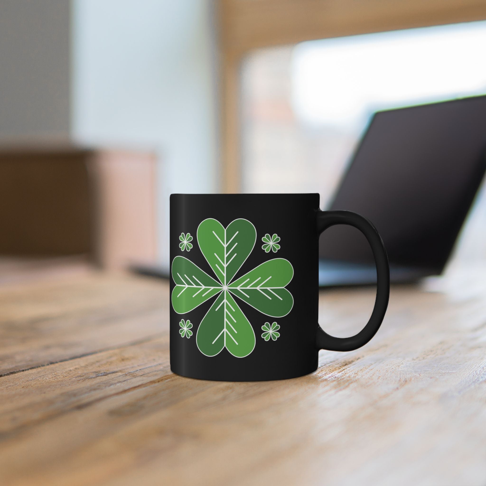 St. Patrick’s Day Green Four-Leaf Clover Mug — Lucky Shamrock Coffee Cup (11oz/15oz)
