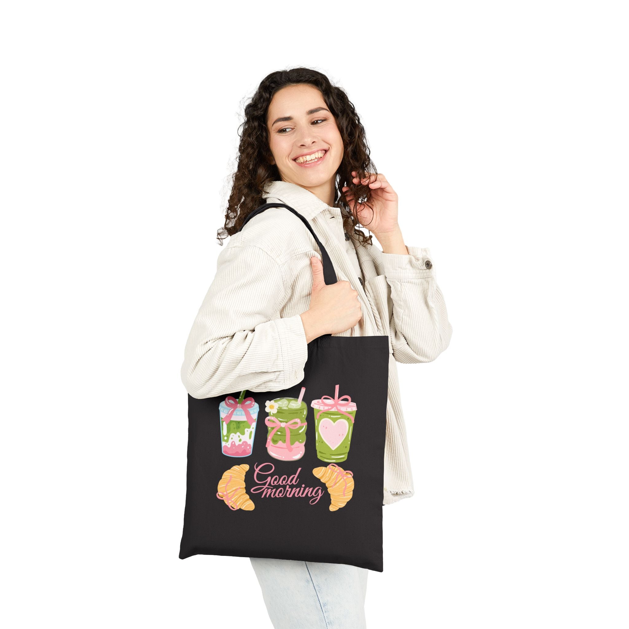 Strawberry and Matcha Pasteries Tote Bag — 'Good Morning' Breakfast Illustration Canvas Tote