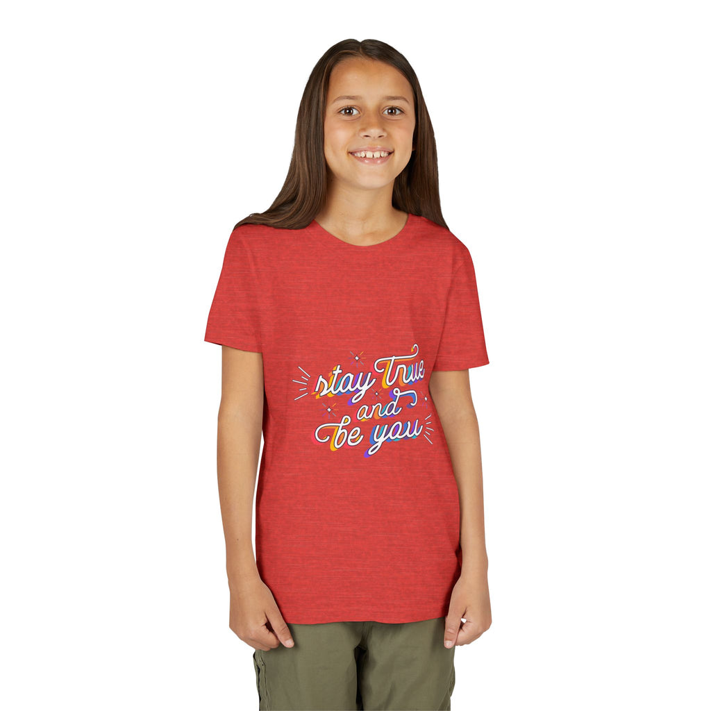 Youth Tee — "Stay True and Be You" Rainbow Script Kids T-Shirt