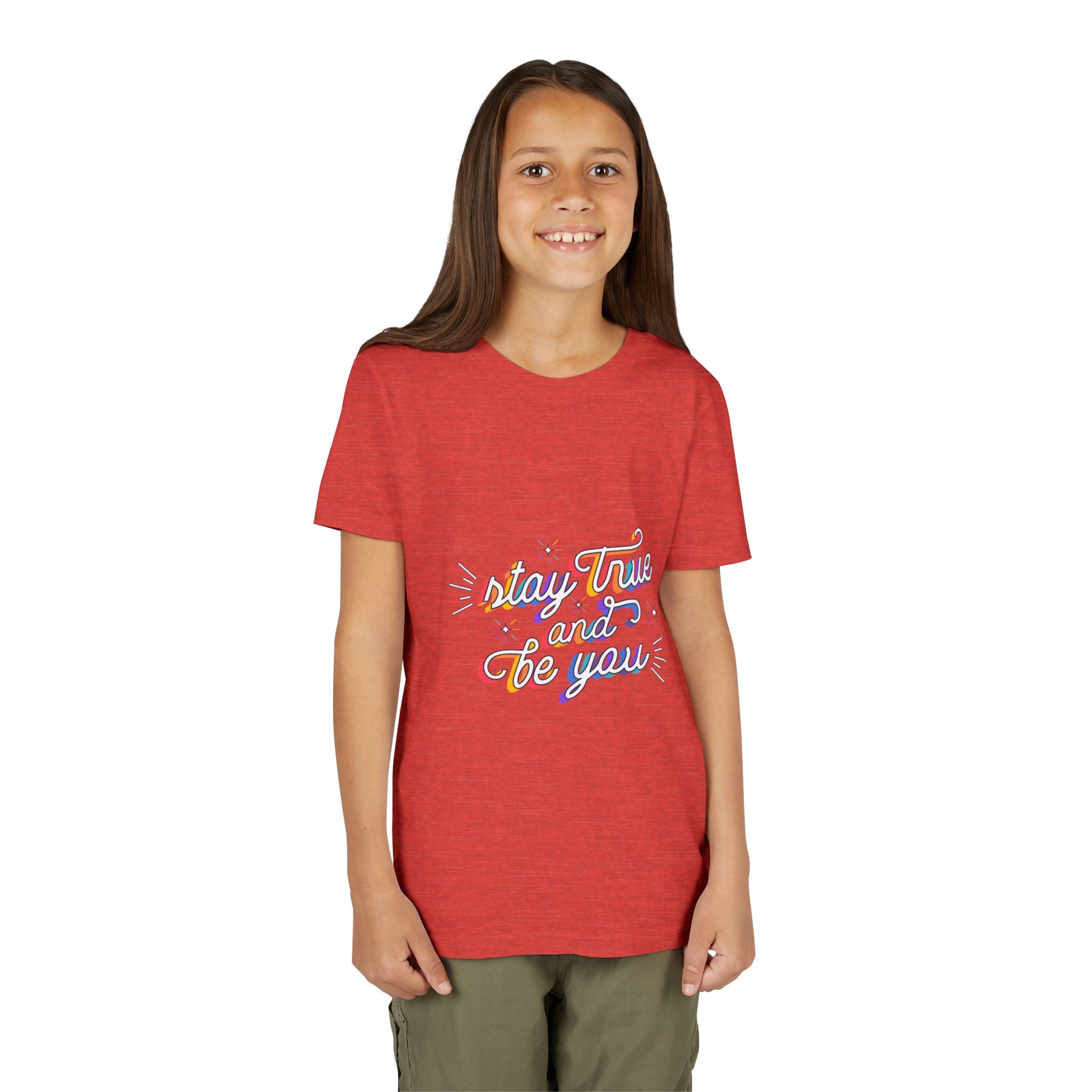 Youth Tee — "Stay True and Be You" Rainbow Script Kids T-Shirt
