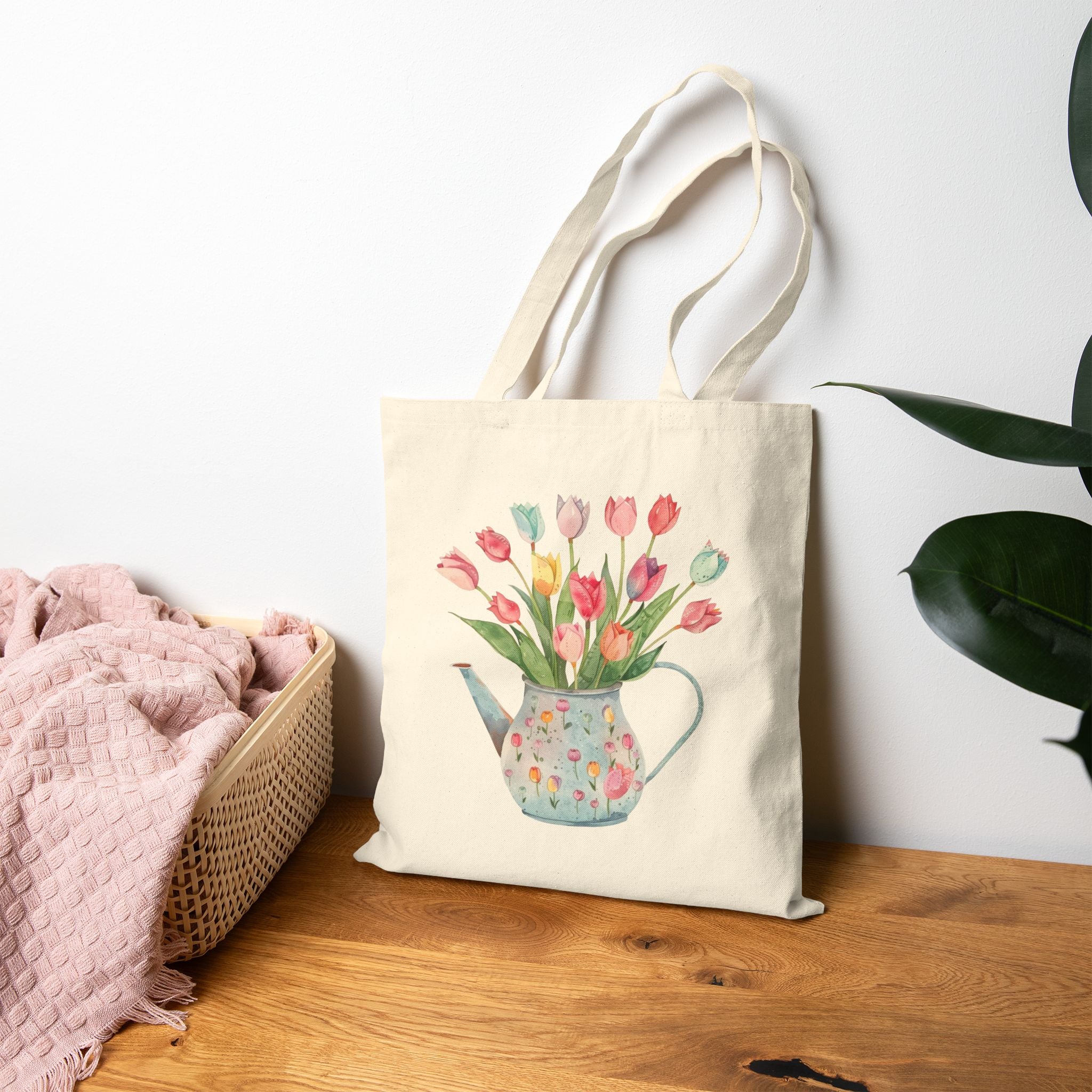 Pastel Potted Flowers Cotton Canvas Tote Bag — Floral Bloom Design