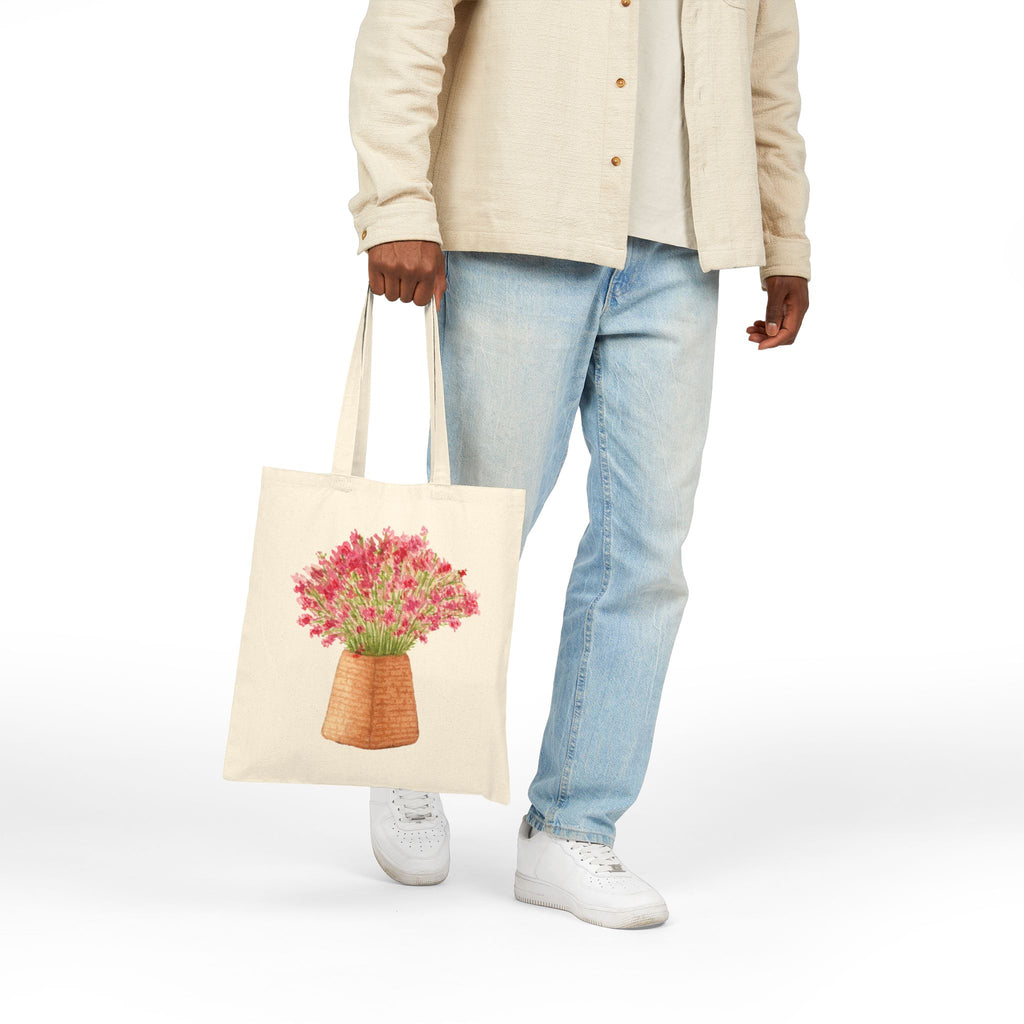 Floral Basket Tote Bag — Pink Wildflower Cotton Canvas Tote