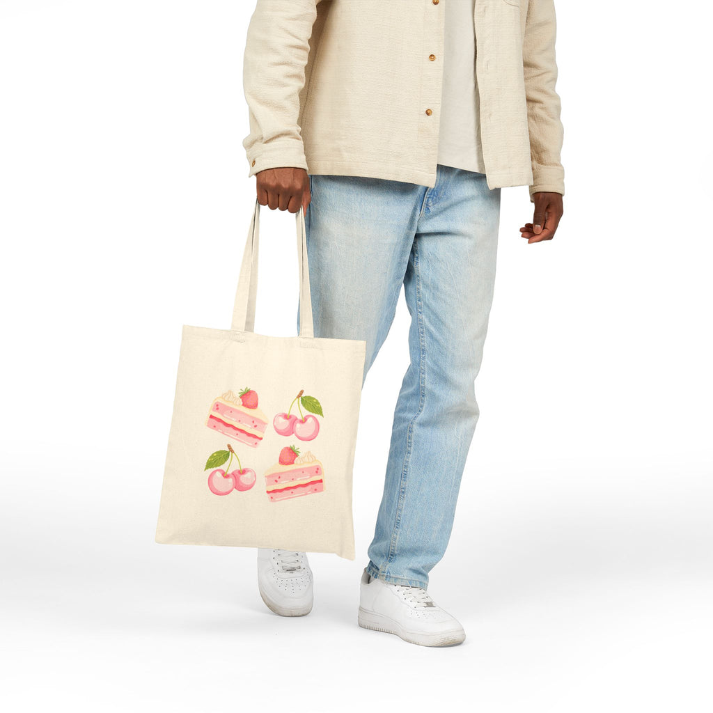 Strawberry Cherry Cake Canvas Tote Bag — Cute Dessert Grocery Tote