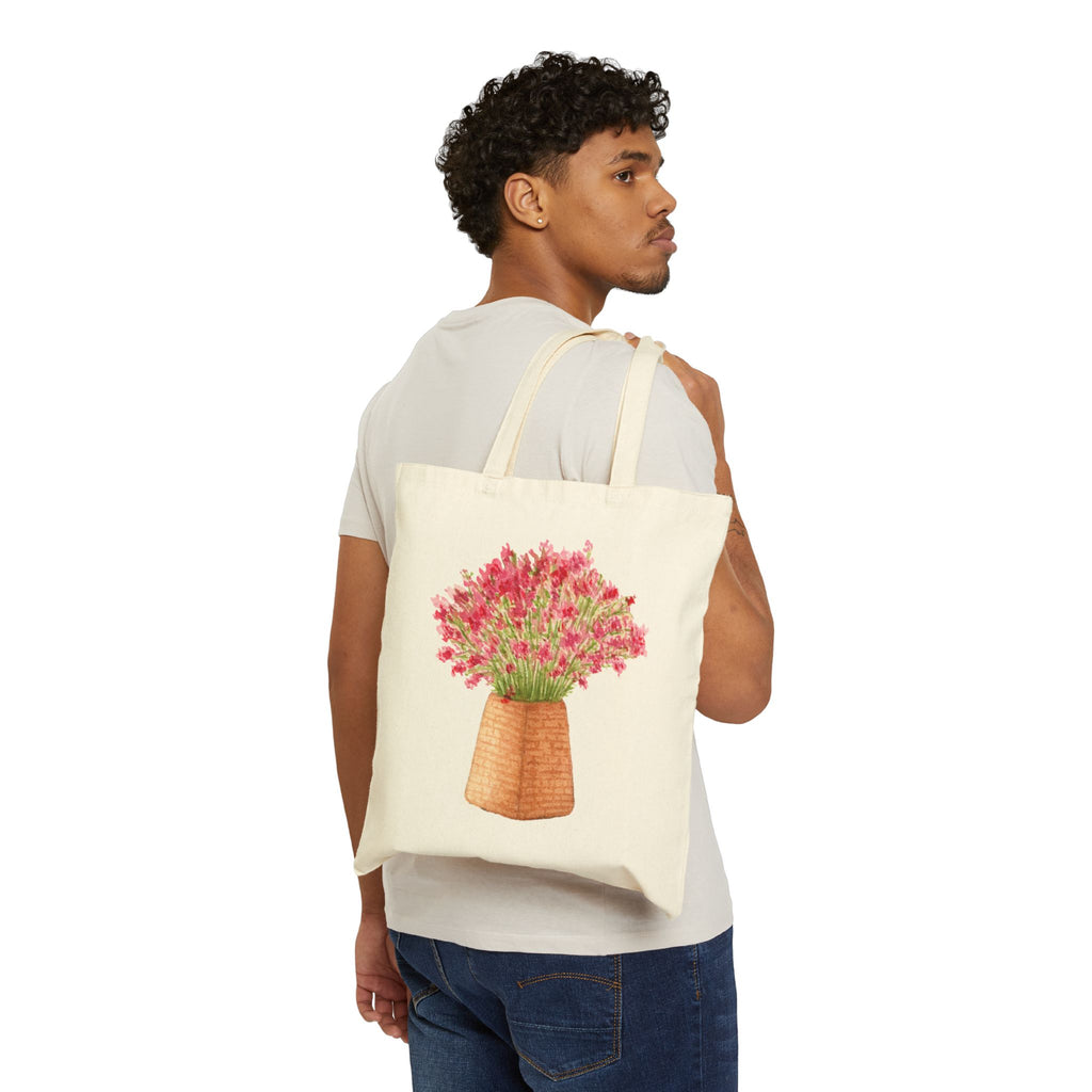 Floral Basket Tote Bag — Pink Wildflower Cotton Canvas Tote