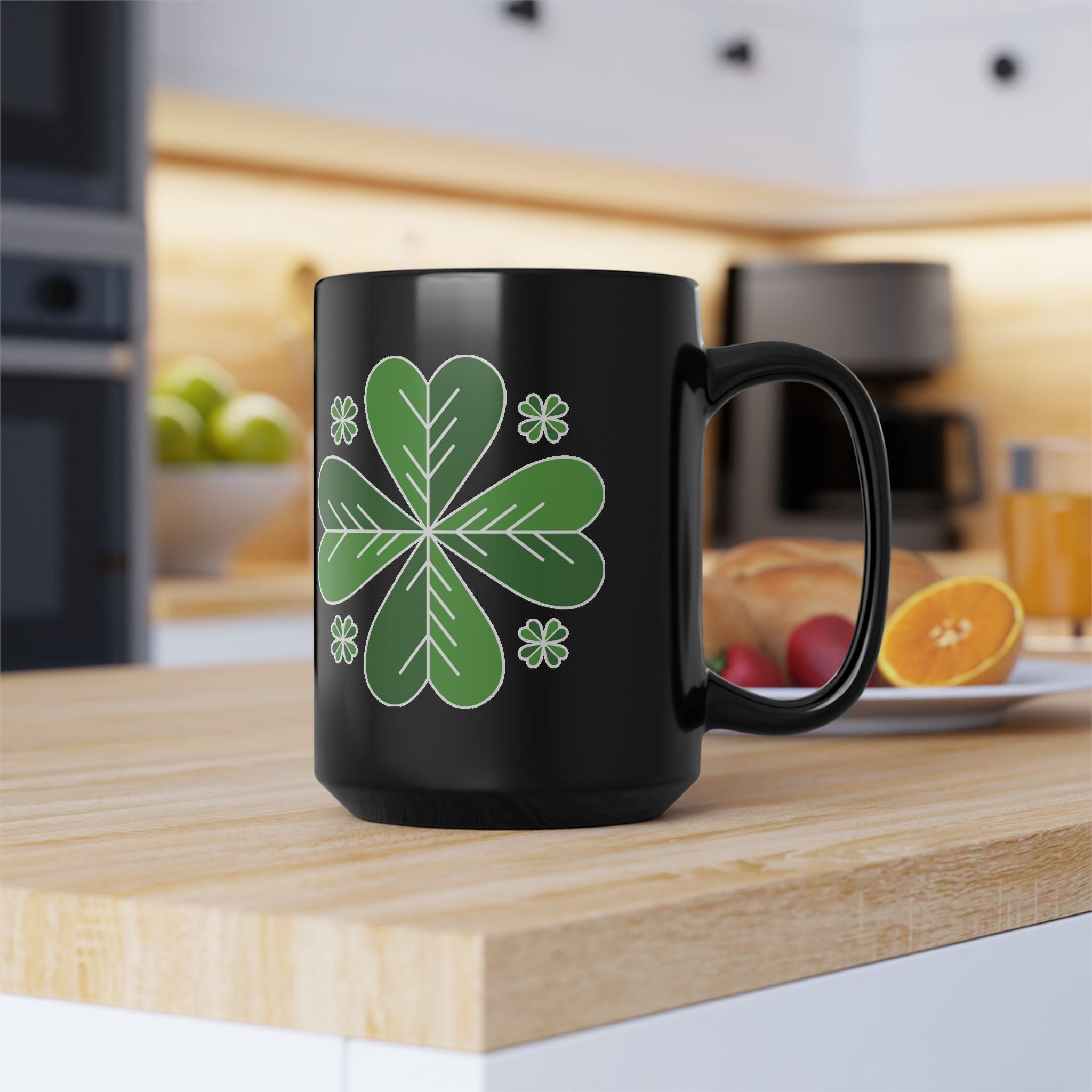 St. Patrick’s Day Green Four-Leaf Clover Mug — Lucky Shamrock Coffee Cup (11oz/15oz)