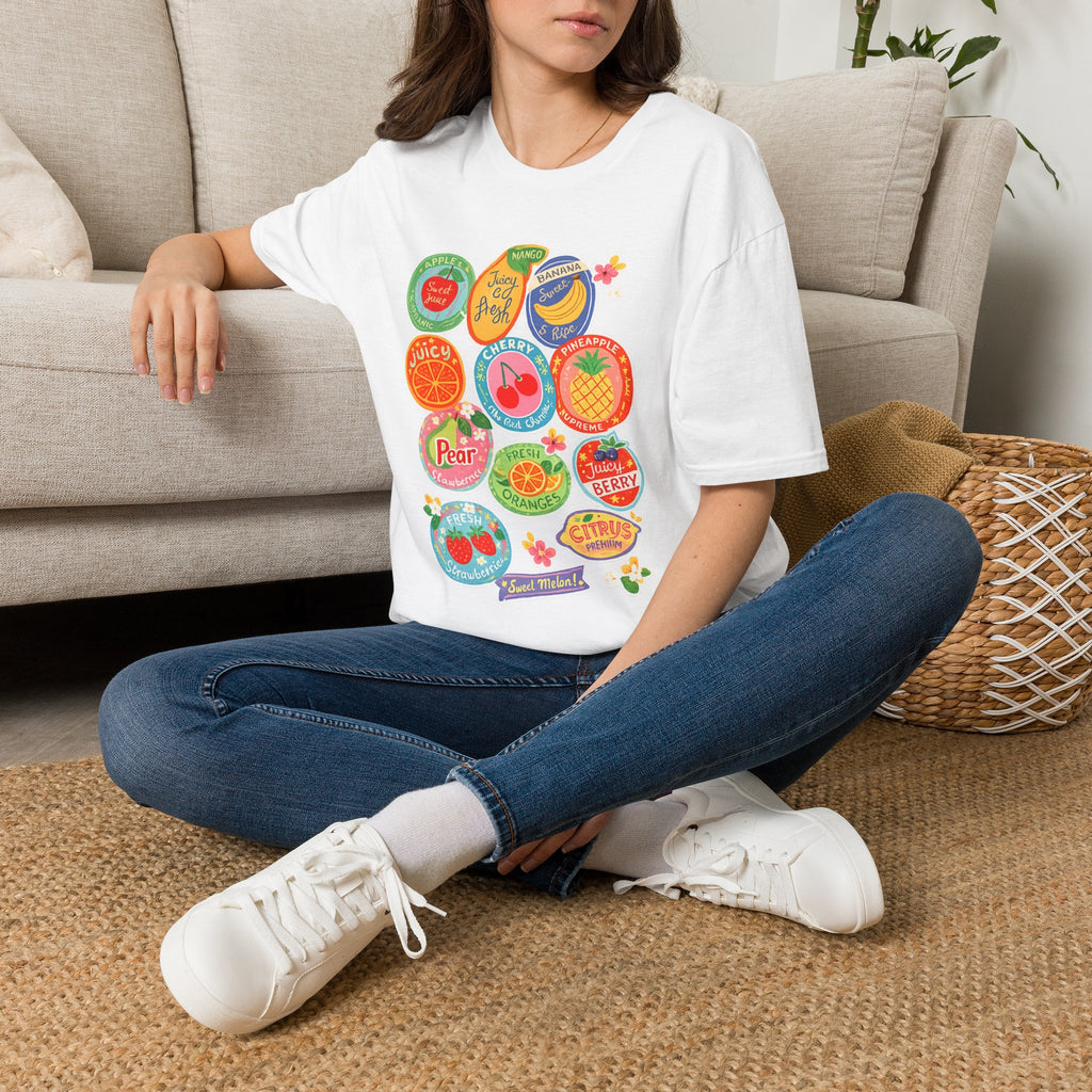 Fruit Label Graphic T-Shirt — Vintage Tropical Citrus Badges Tee