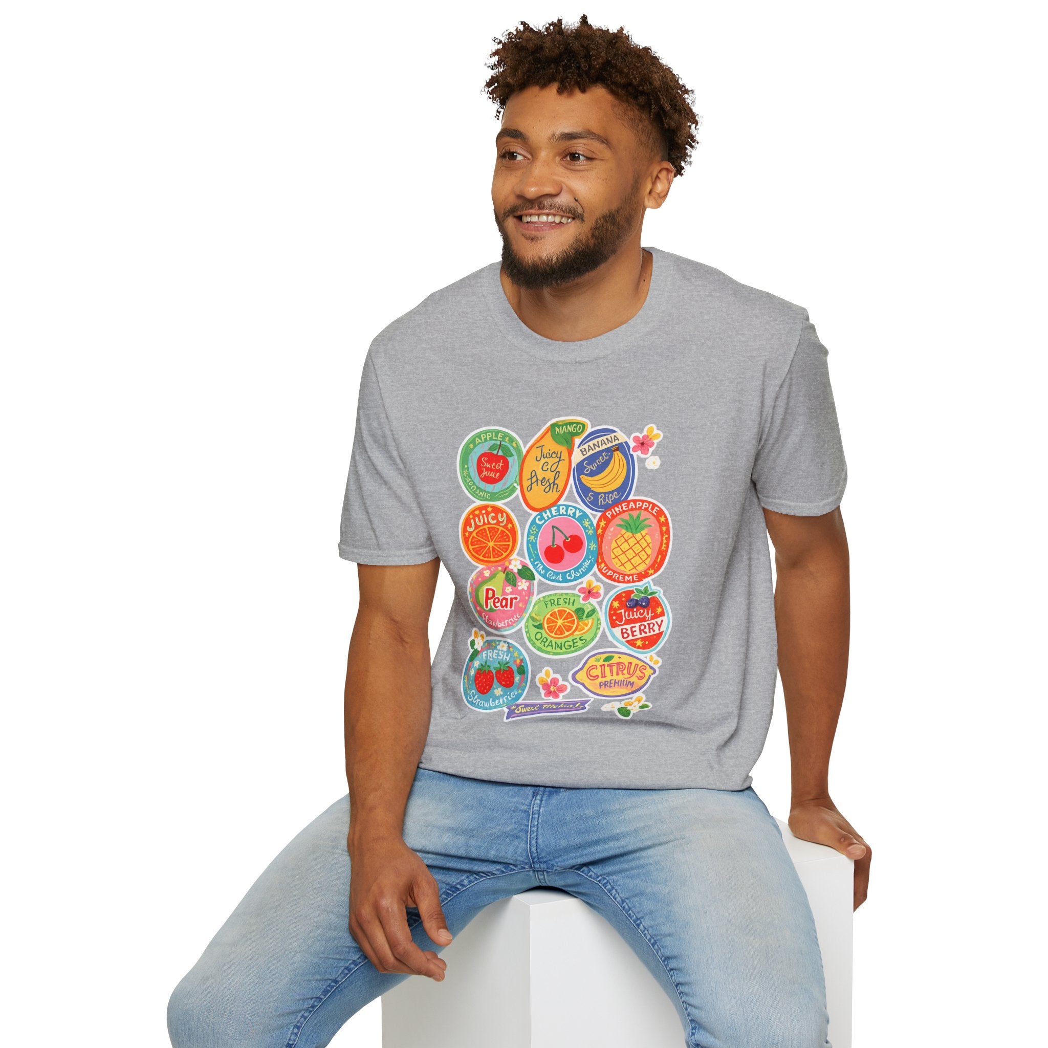 Fruit Label Graphic T-Shirt — Vintage Tropical Citrus Badges Tee