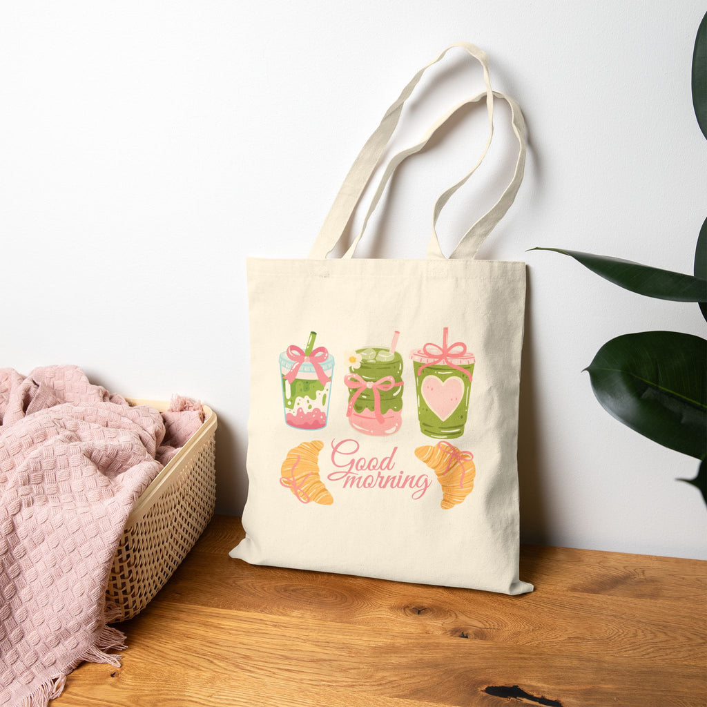 Strawberry and Matcha Pasteries Tote Bag — 'Good Morning' Breakfast Illustration Canvas Tote