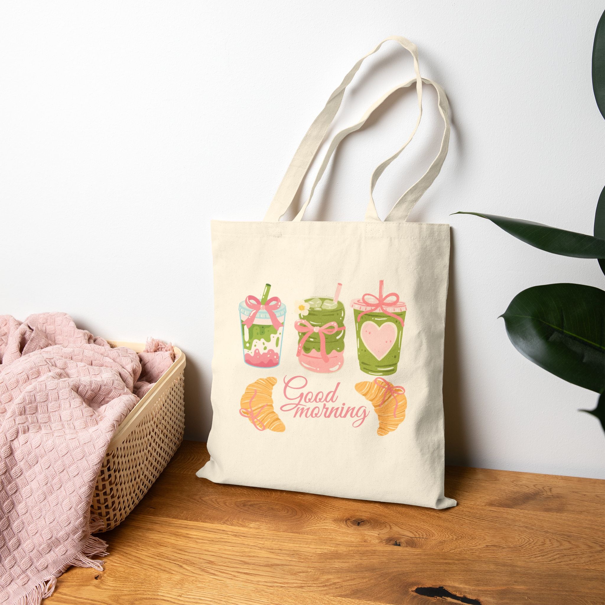 Strawberry and Matcha Pasteries Tote Bag — 'Good Morning' Breakfast Illustration Canvas Tote