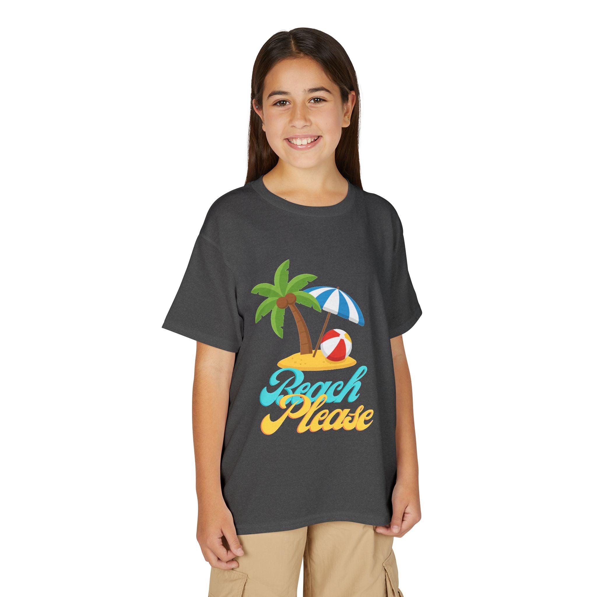 Youth Beach Please T-Shirt — Kids Summer Palm Tree & Umbrella Tee