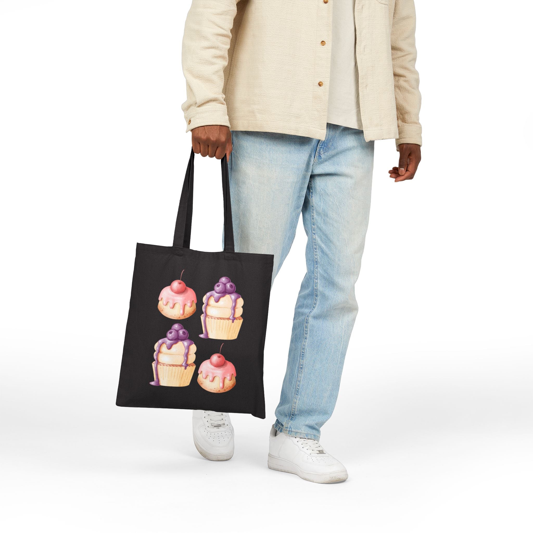 Cupcake Pattern Canvas Tote Bag — Cute Dessert Illustration Grocery Shopper