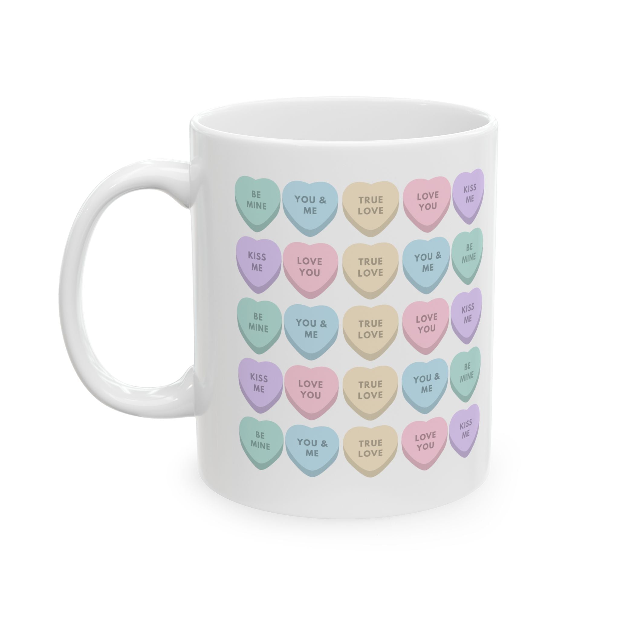 Candy Heart Ceramic Mug — Pastel 'Kiss Me' Conversation Hearts Coffee Cup (11oz & 15oz)