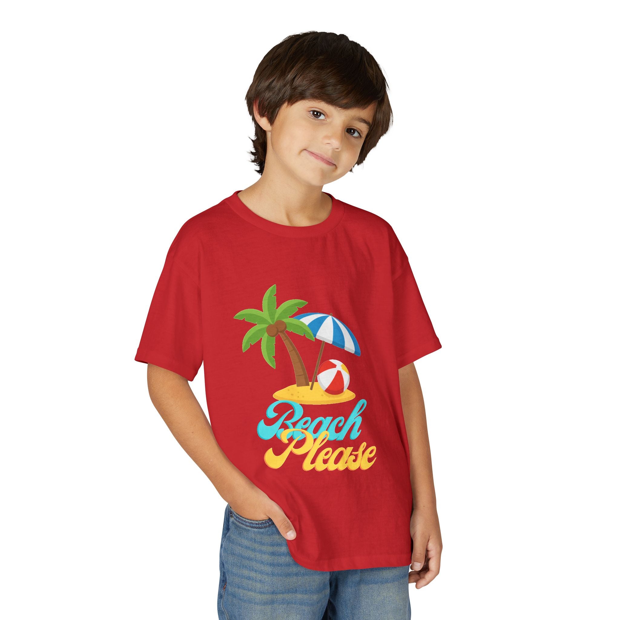Youth Beach Please T-Shirt — Kids Summer Palm Tree & Umbrella Tee