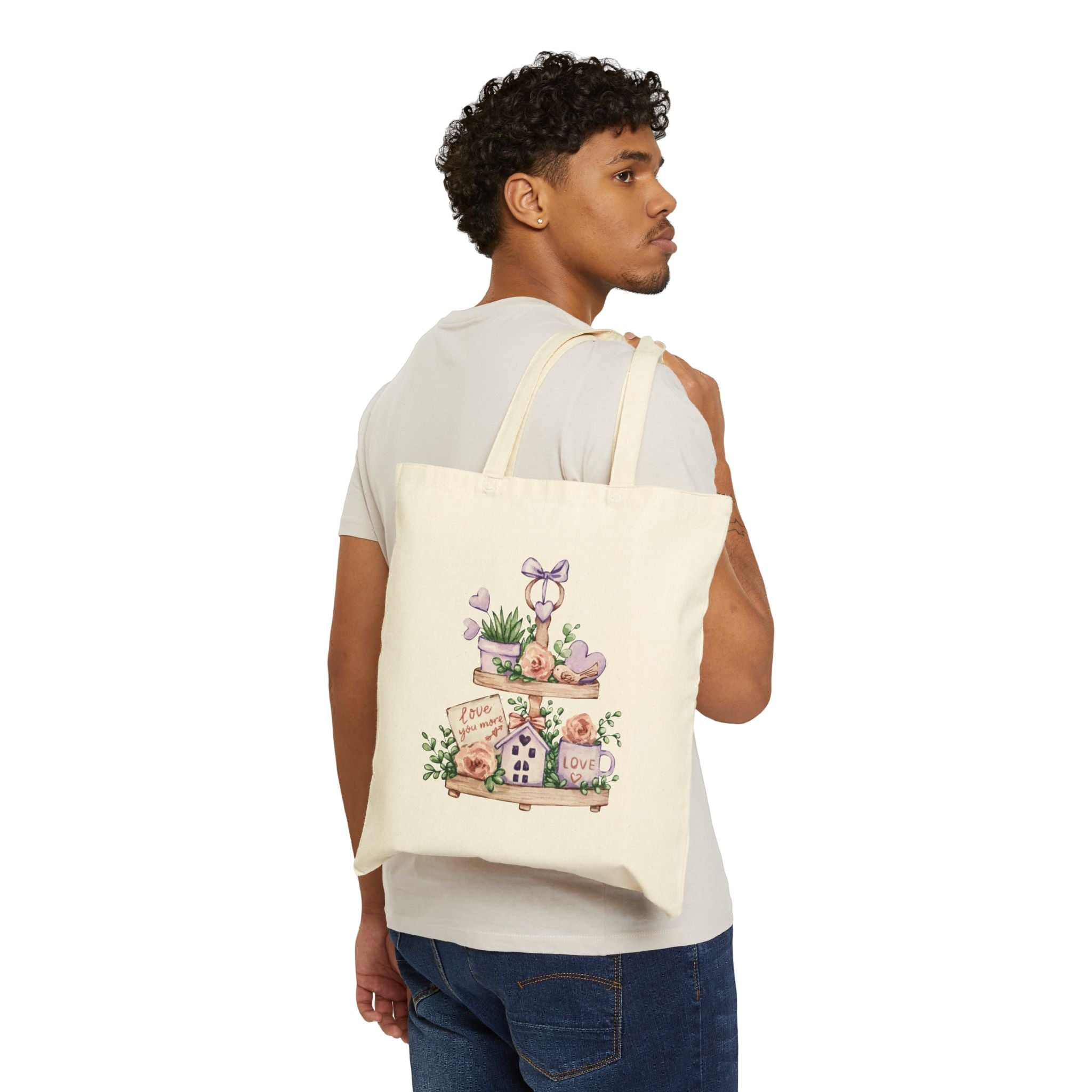 Canvas Tote Bag — Rustic Shelf Decor Illustration (Love, Plants & Hearts)