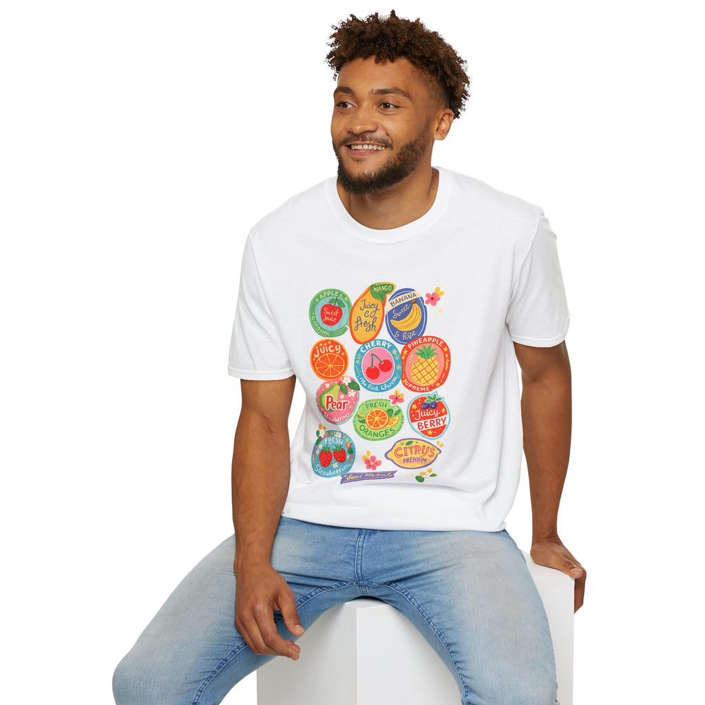 Fruit Label Graphic T-Shirt — Vintage Tropical Citrus Badges Tee